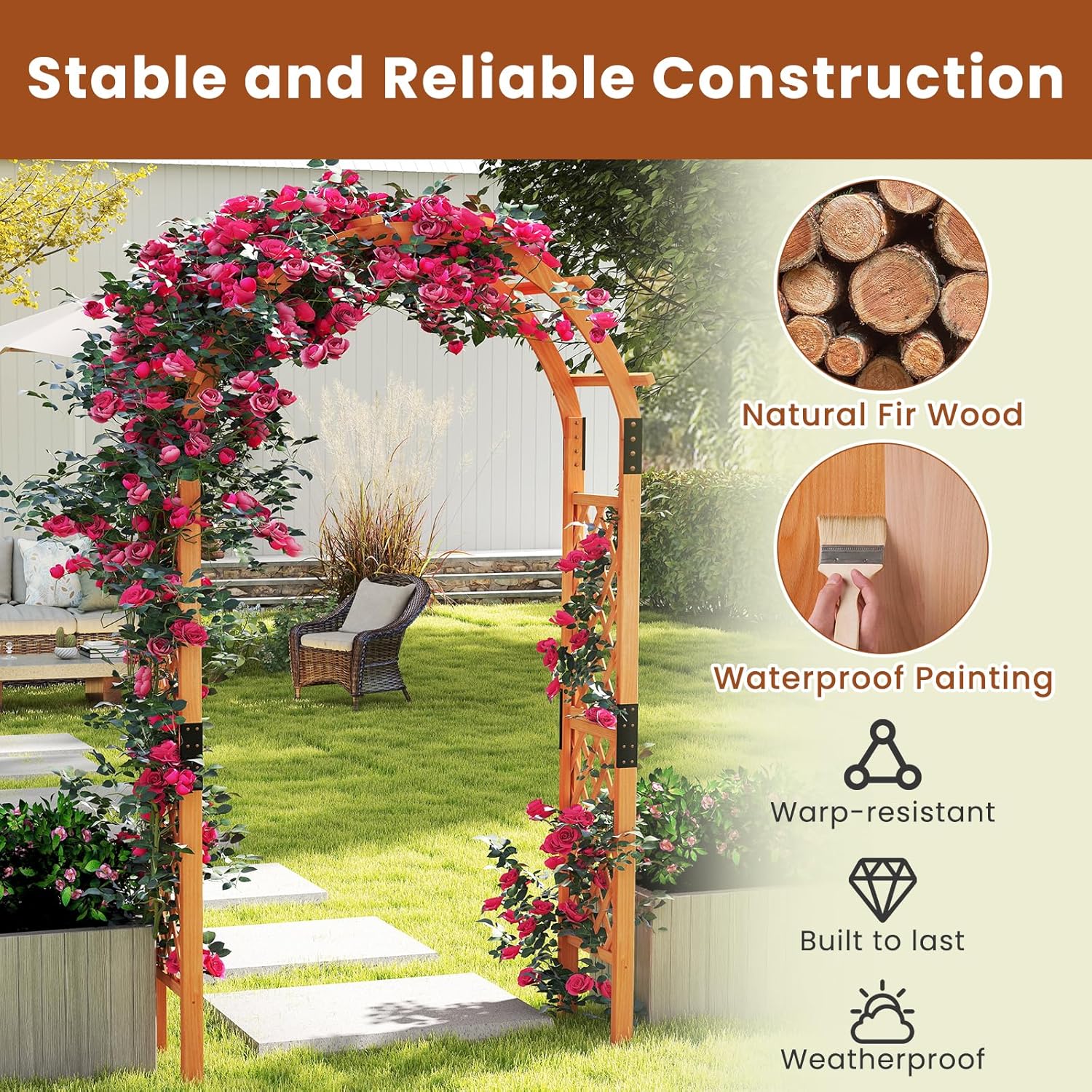 Moccha 7.7 FT Garden Arbor, 93" Wood Arbor Trellis for Climbing Plants, Rose, Ivy, Outdoor Archway Pergola, Solid Wood Backdrop Stand, Garden Arch for Lawn Patio Bridal Party Pathway Ceremony Wedding