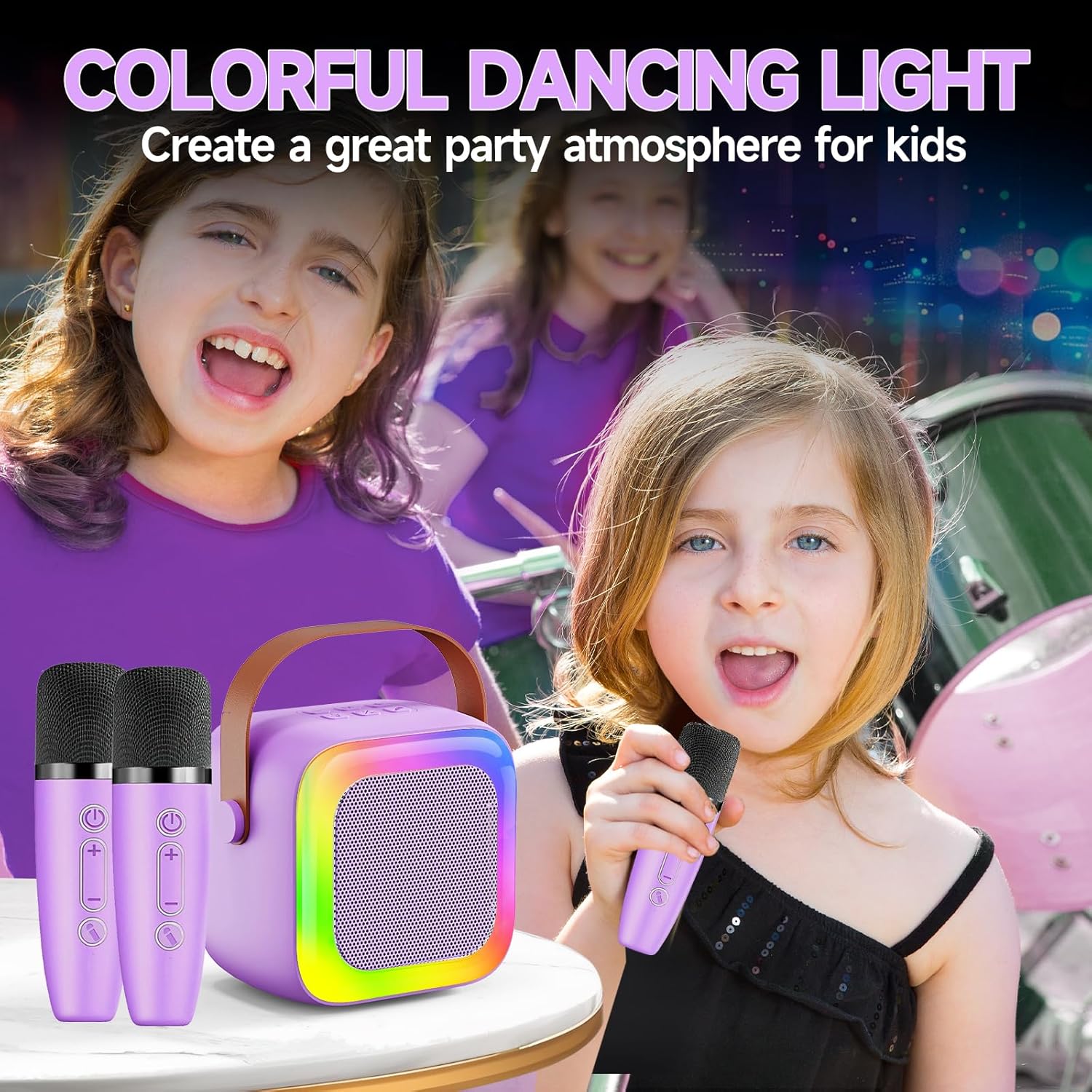 Mini Karaoke Machine for Kids Teen Adults, Kids Karaoke Machine with 2 Wireless Microphones and LED Lights Toys for Party, Home, Gifts for 4 5 6 7 8 9 10 11 12+ Years Girls Boys(Purple) - Image 6