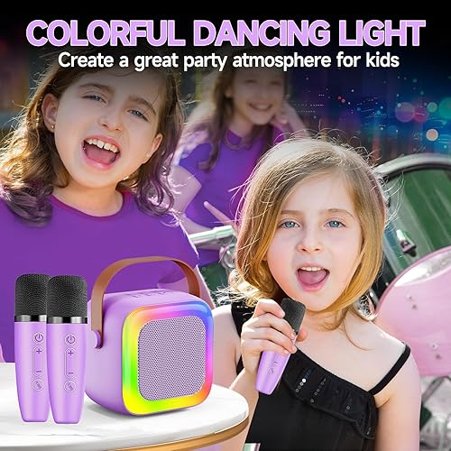 Miniatura 6 de Mini máquina de karaoke para niños, adolescentes y adultos, máquina de karaoke para niños con 2 micrófonos inalámbricos y luces LED, juguetes para
