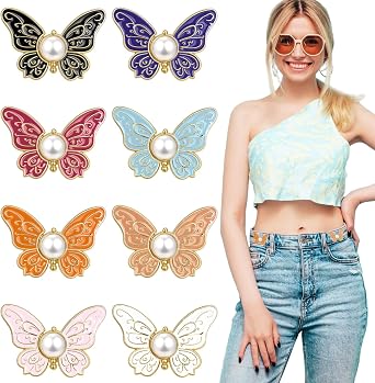 8Pcs Adjustable Pant Waist Tightener, Detachable Butterfly Button Clips No-Sew Instant Waist Buckles Pins Decorative Pant Knots for Women GIrls Loose Jeans Pants Skirts
