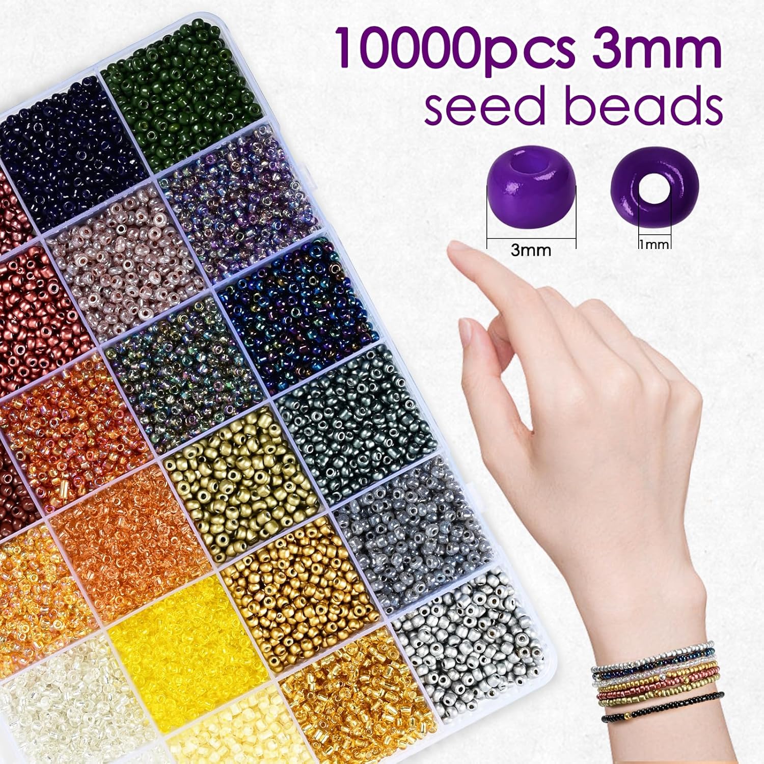 Vtssvow 3mm Glass Seed Beads for Bracelets Making, 24 Colors 10000pcs Friendship Bracelet Making Kit, Small Glass Beads for Jewelry Making (Mix 24 Color, Metallic) - Image 3