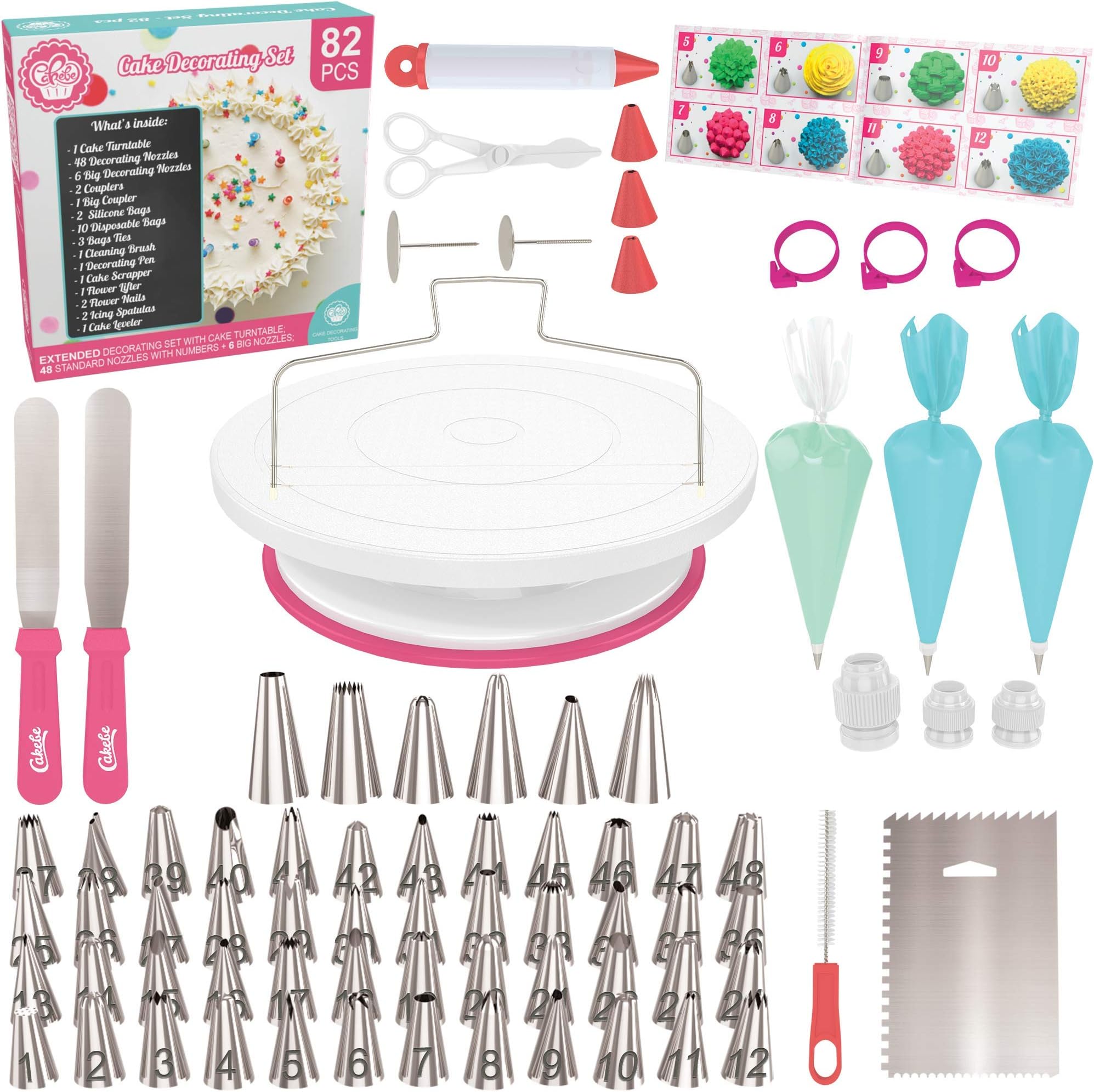 Cakebe Cake Decorating Kit 82-Piece with Cake Turntable, Ultimate Cake Decorating Supplies - Baking Tools with Cake Turntable Rotating Cake Stand - Baking Kit with Cake Decorating Tips - Piping Set