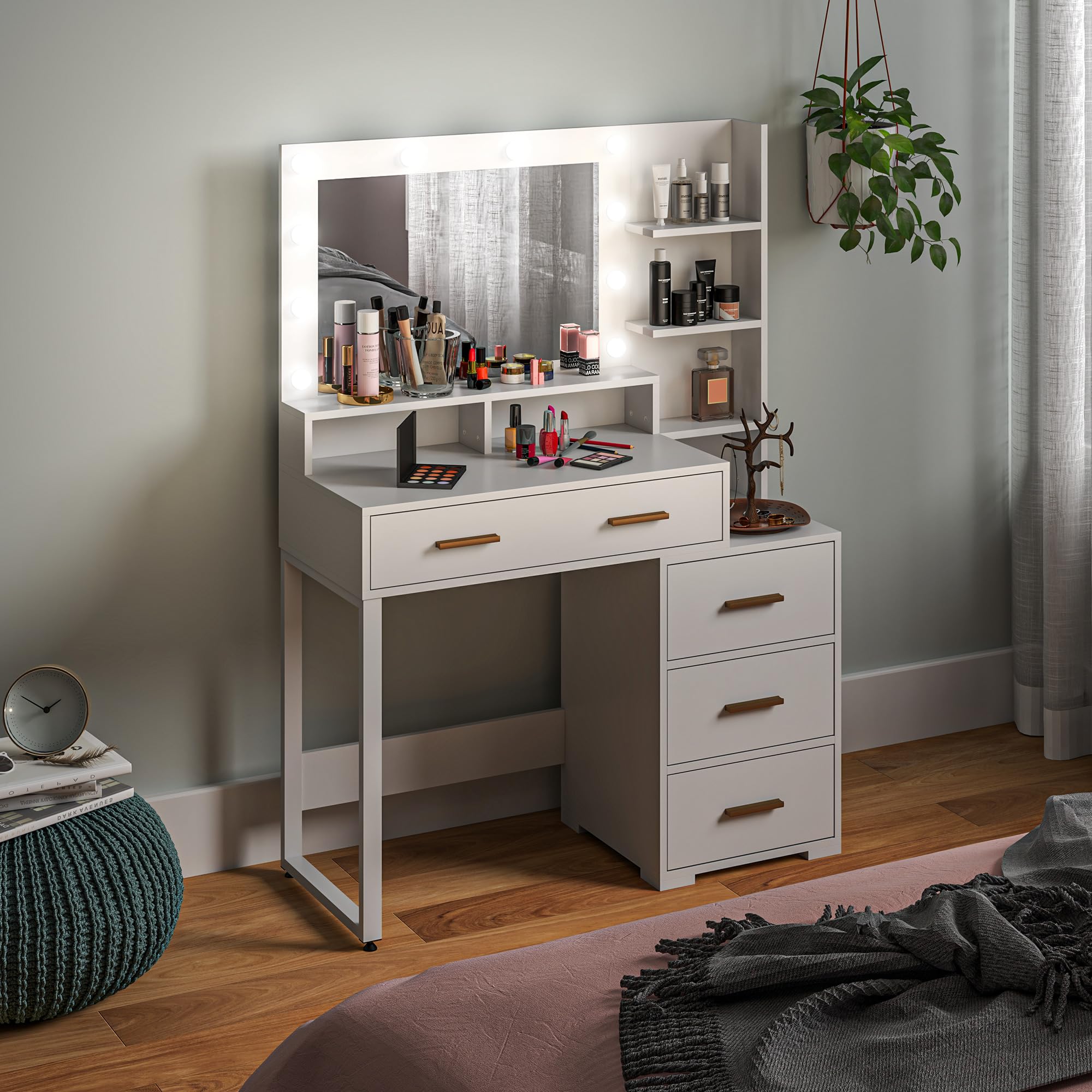 HOMCOM Postazione Trucco con Luci LED con 4 Cassetti 100x40x138 cm Bianco | Tavolo Toeletta Moderno, per Camera da Letto, 6 Ripiani Aperti, Specchio, Toeletta Trucco