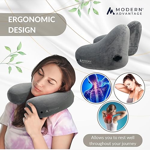 Miniatura 2 de Modern Advantage Almohada inflable de viaje para aviones  Almohada de cuello con capucha con soporte ajustable  Cómoda, compacta y apta para viajes,