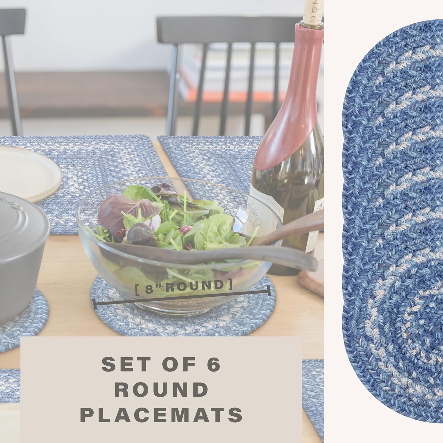 Homespice Denim Jute Braided Kitchen Trivets for Hot Dishes, Country Coastal Decor, Set of 6, Blue 8" Round Heat Resistant Mats - Rich Colors, Easy to Clean, Durable and Protects Furniture