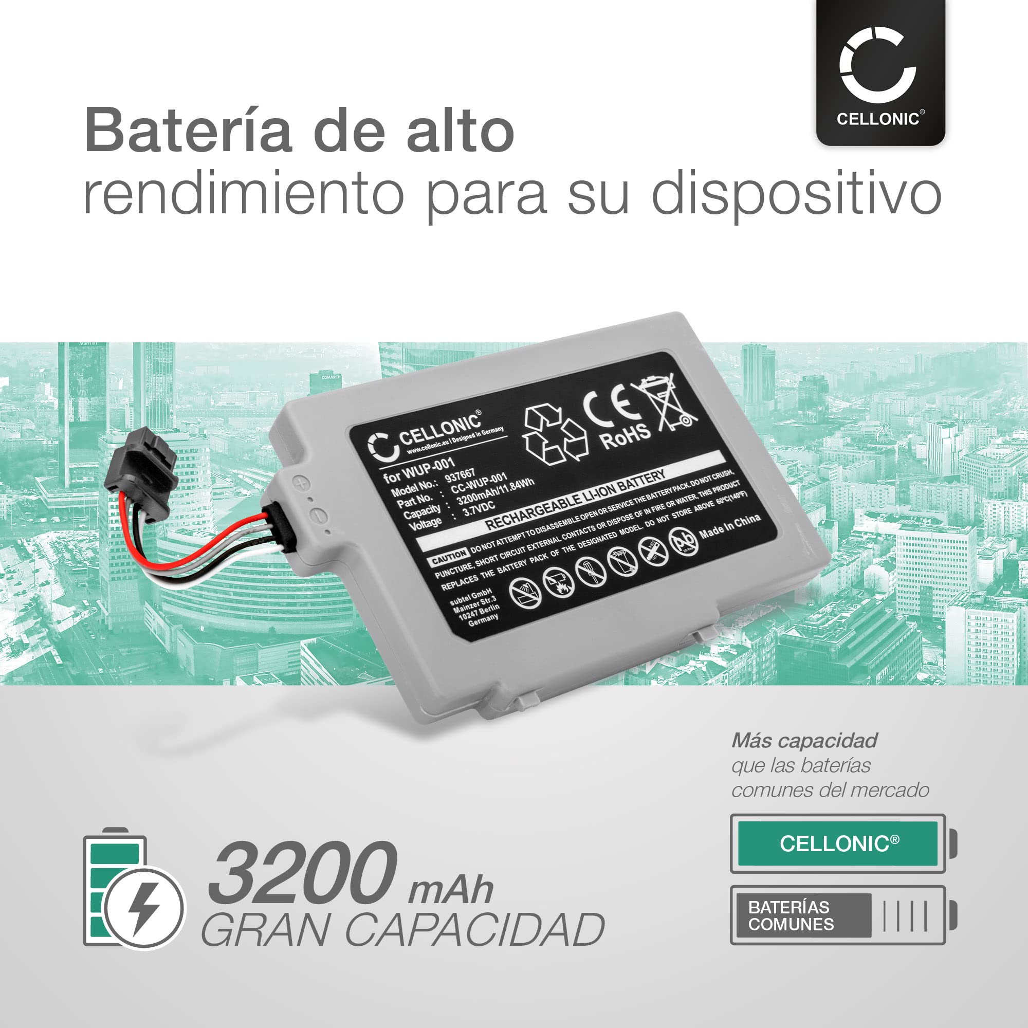 CELLONIC 1x Batería para Videoconsola Compatible con Nintendo Wii U Gamepad, WUP-001 - (3200mAh, 3.7V)