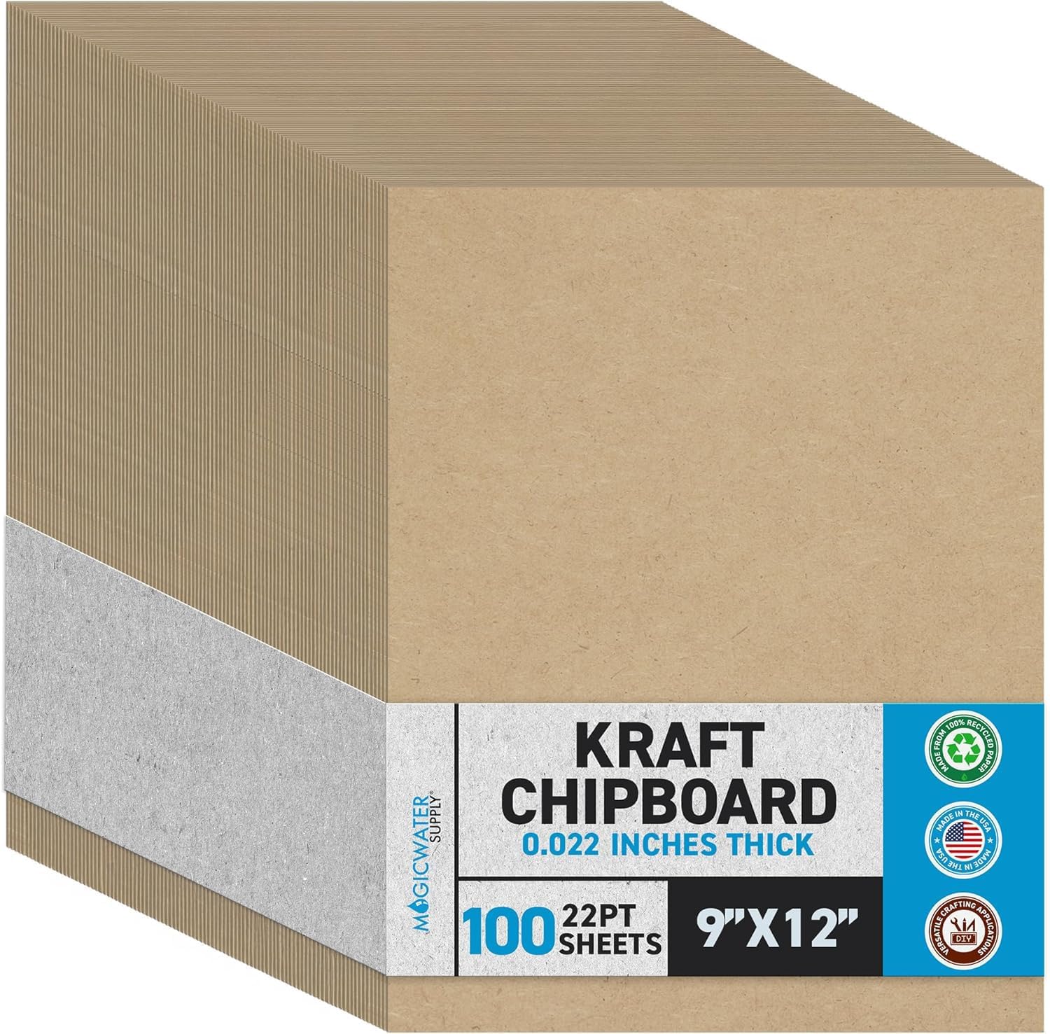 MagicWater Chipboard Sheet for DIY Projects - 9x12 Inch - 100 Pack - 22 pt - Heavy Duty Kraft (0.022 Inch Thick) Paperboard, for Scrapbooking, Books, Picture Frame Backing, Arts Project & Crafts