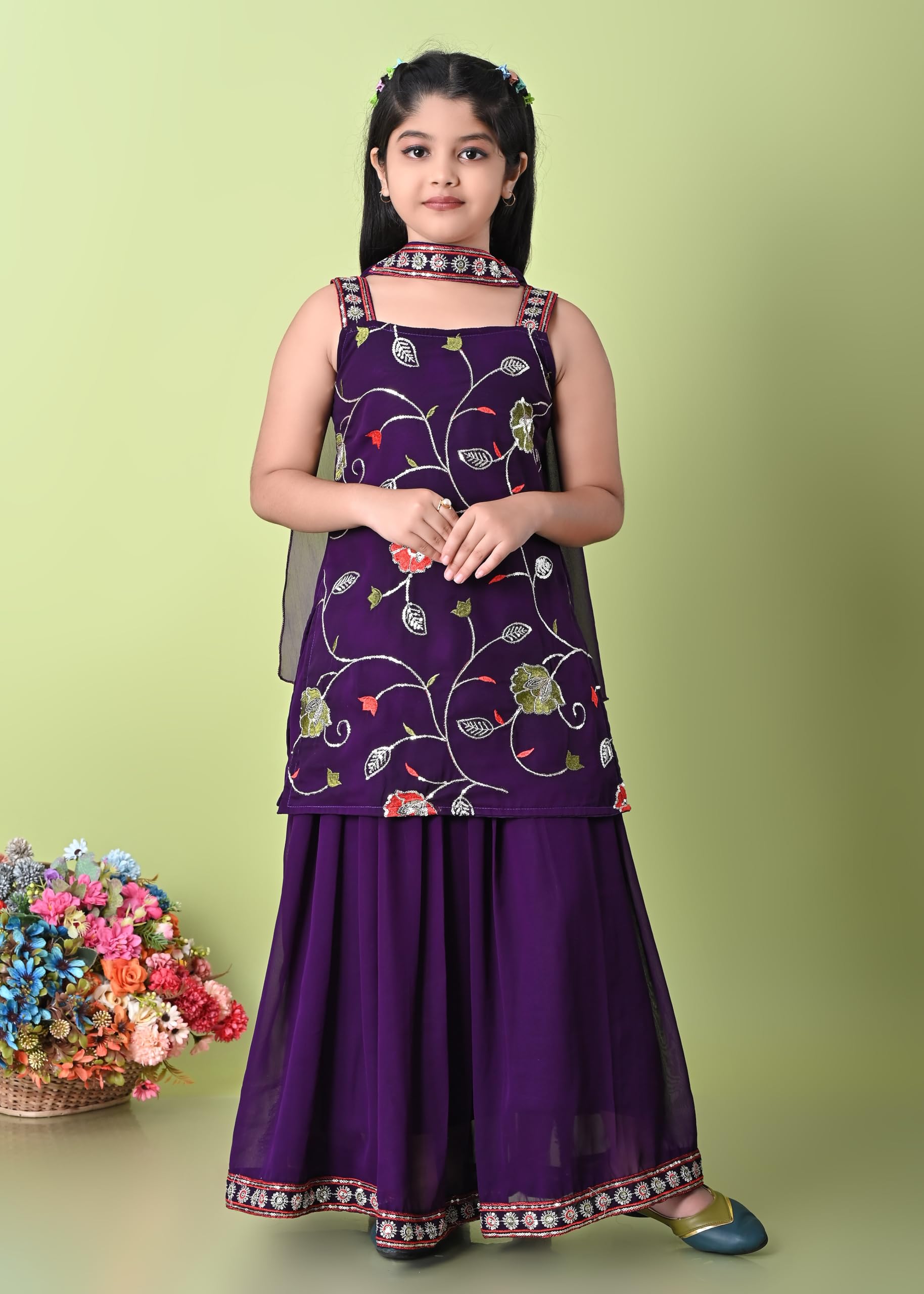 SPAMitude - Georgette Embroidery Sequin Kurta, Skirt and Dupatta Set for Girls – Ethnic Party Dress I Birthday Trendy Classic Outfit I Square Neck Sleeveless (PURPLE, 9-10 YEARS) - Image 2 thumbnail
