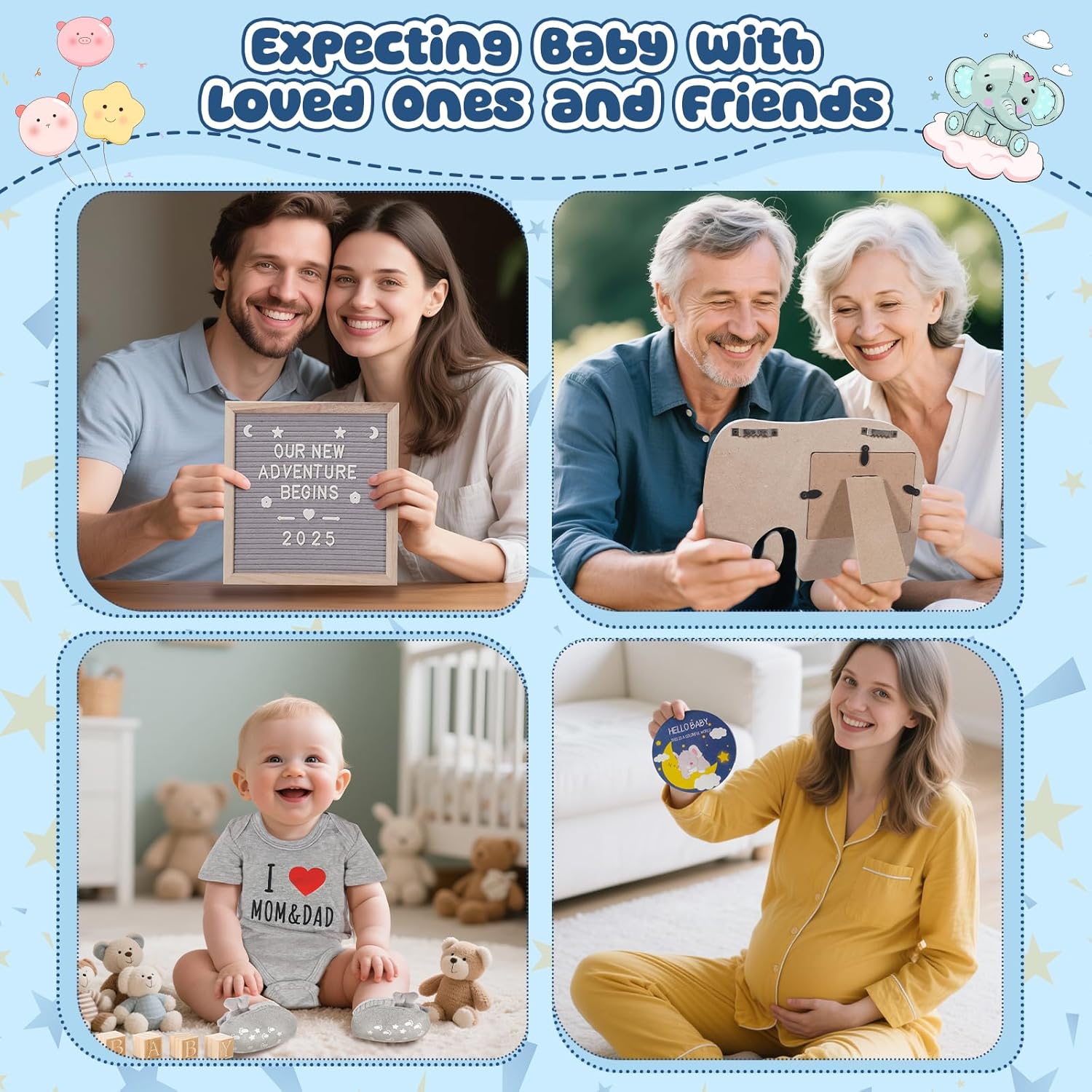 10 Pcs Pregnancy Announcement Set, Elephant Pregnancy Reveal Ideas Include Felt Letter Board Sonogram Picture Frame Bodysuit Sock Baby Sign and Monstera Leaf for Coming Soon Baby Announcement - Image 6