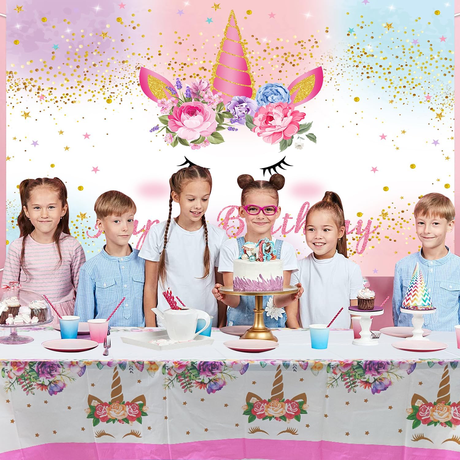 Unicorn Backdrop 5x3ft with Tablecloth 180x108cm for Girls Birthday Party Decoration Unicorn Watercolor Floral Glitter Stars Dots Backdrop Unicorn Theme Party Decoration Supplies Unicorn Tablecloth