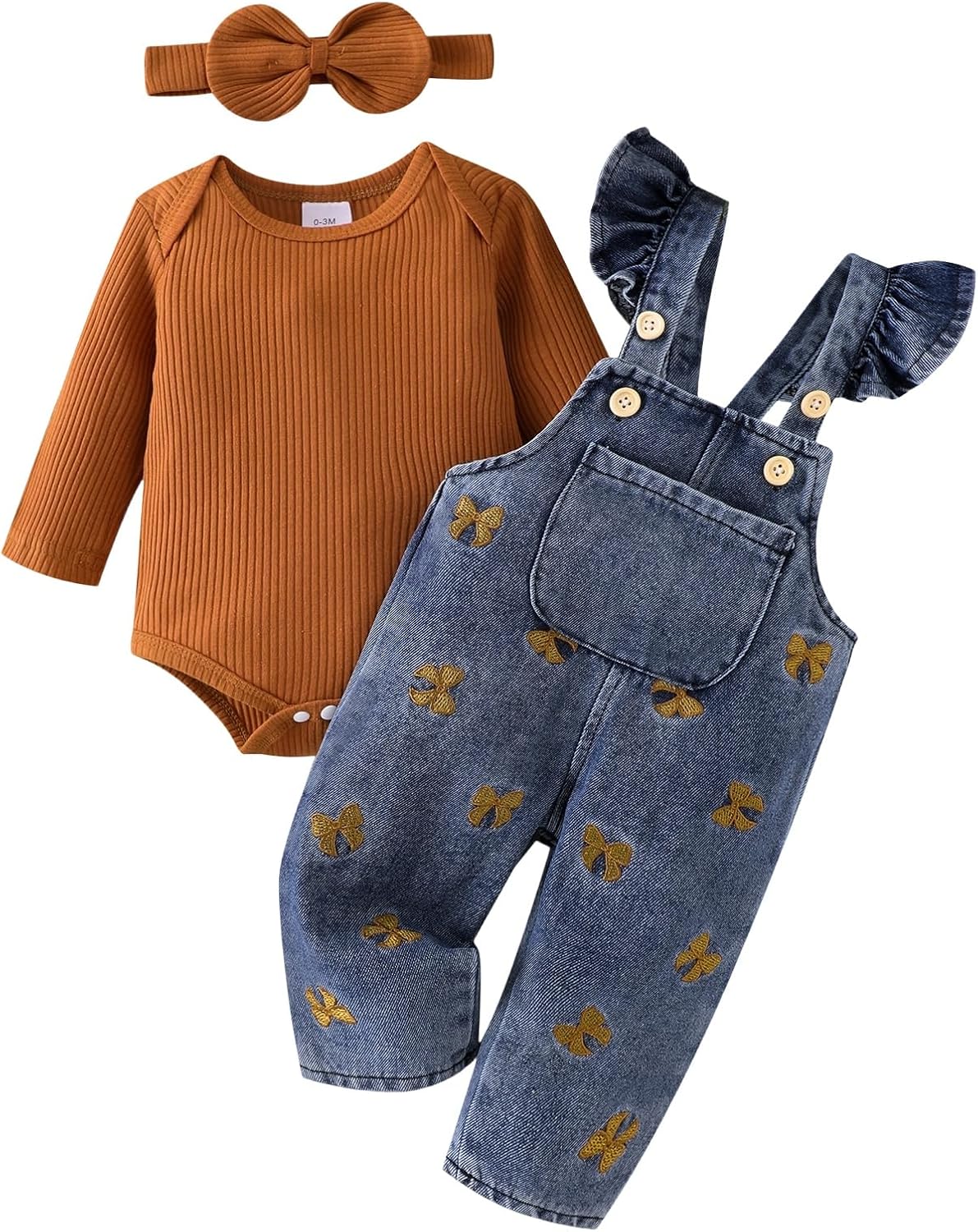 FOCICI Baby Girl Clothes Newborn Romper Infant Jeans Adjustable Suspender Overalls Cute Headband 3Pcs Outfits Set 0-18 Months