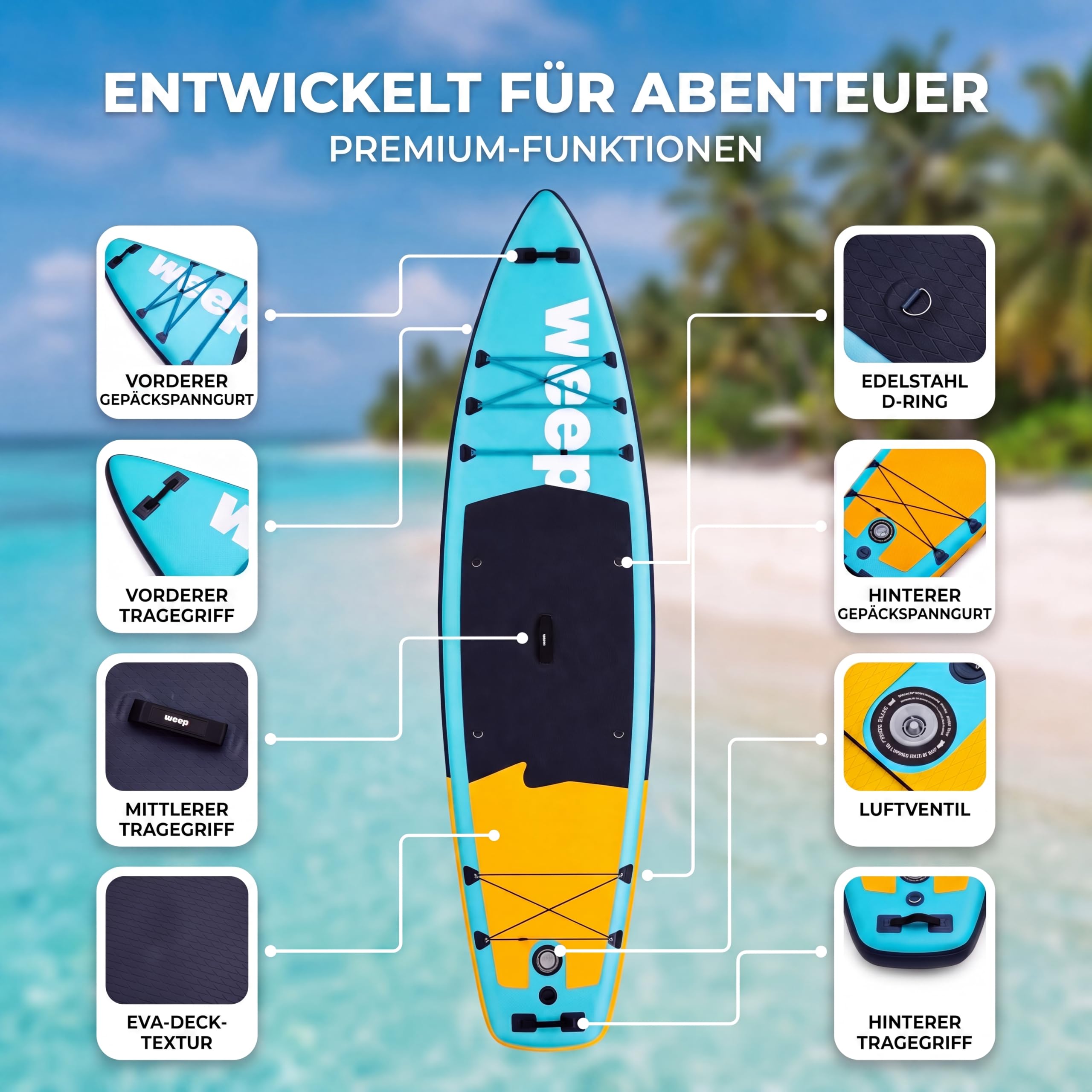 weep Stand Up Padding Board aufblasbar 365cm & 350cm & 320cm, SUP Board - mit 2in1 Aluminium Paddel, Pumpe, Rucksack, Leash, 3 Finnen, stabiles Paddle Board Komplettset - für Touring, Yoga & Freizeit