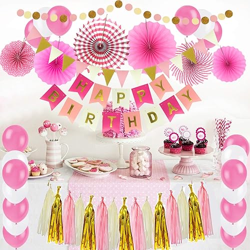 Miniatura 7 de ZERODECO Decoración de fiesta de cumpleaños, pancarta rosa de feliz cumpleaños con abanicos de papel, guirnalda de guirnaldas triangulares,