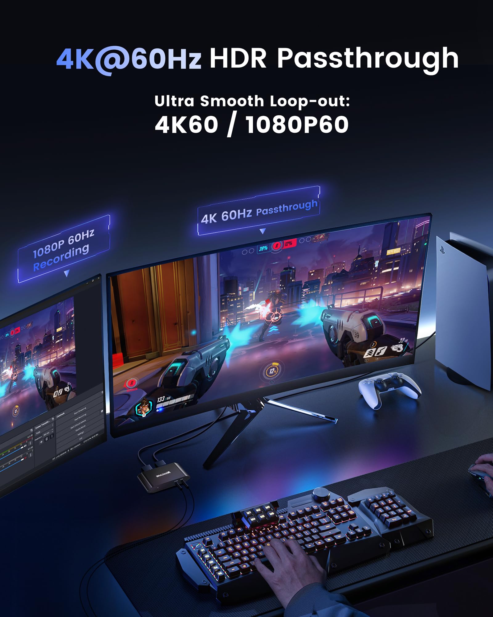 HDMI Capture Card 4K60 HDR Pass-Through, USB 3.0 Video Capture | für PS5 Xbox Switch • 1080P60 Aufnahme • USB-A & USB-C • Niedrige Latenz • Für Gaming & Streaming
