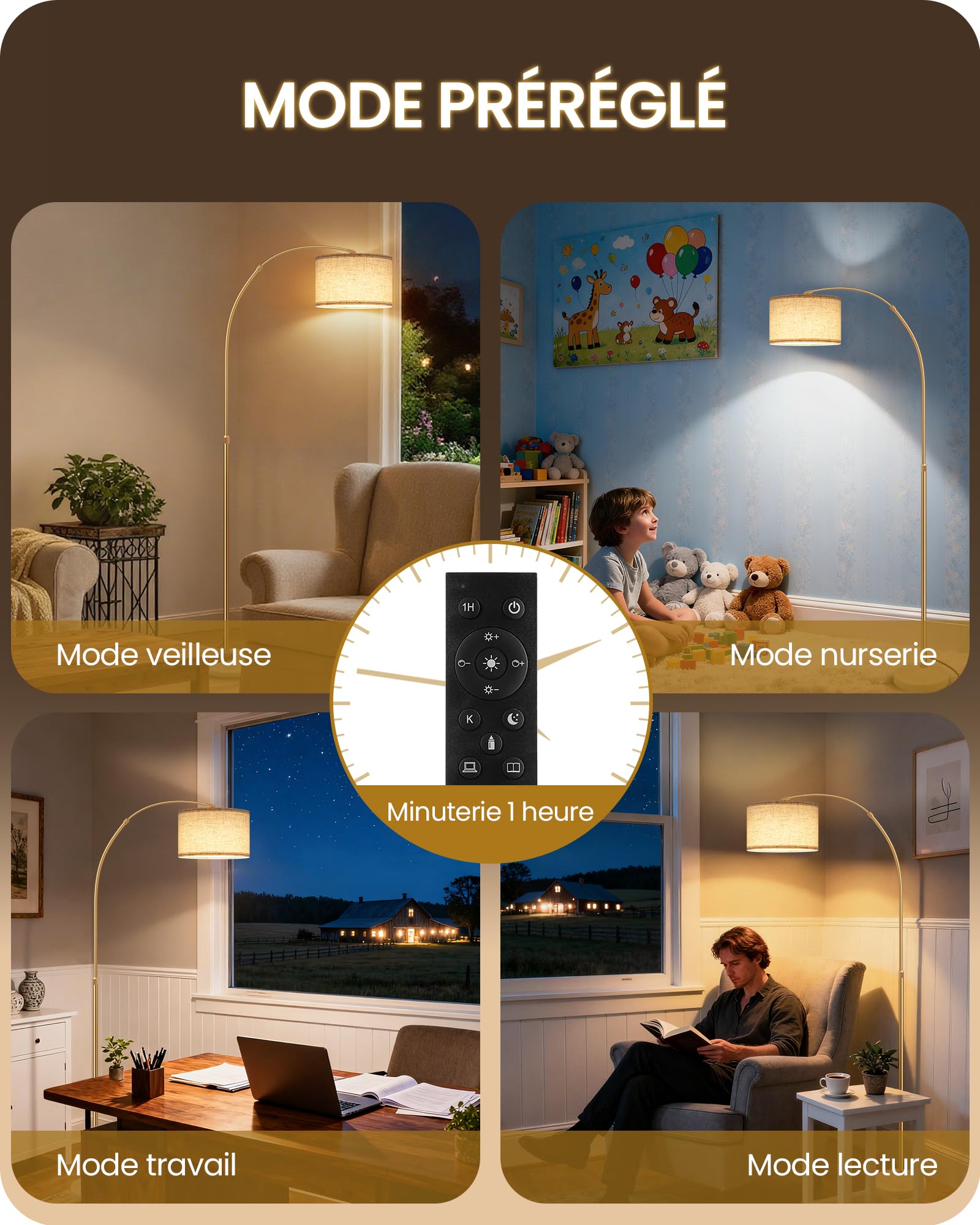 Lampadaire sur pied de salon arc, or beige, pour chambre | lampe arquée réglable en hauteur de 158 à 188 cm, Socle en marbre stable, à intensité variable avec télécommande, ampoule