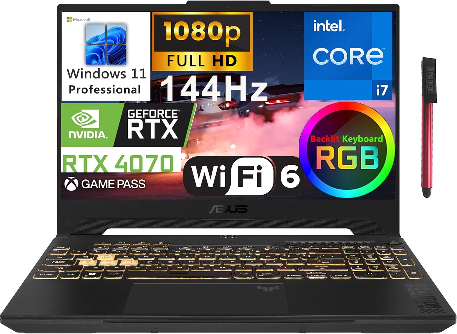 2023 ASUS TUF F15 15.6″ 144Hz FHD Gaming Laptop Computer, 12th Gen Intel 14-Core i7-12700H, GeForce RTX 4070 8GB, 32GB DDR4 RAM, 1TB PCIe SSD, WiFi 6, Bluetooth5.2, RGB Keyboard, Windows 11 Pro, BROAG
