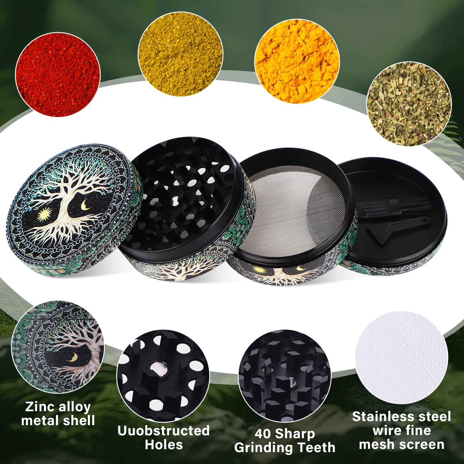 Broyeur à Herbes Métal 24 Dents - 4 Pièces Avec Grattoir Et Brosse, Pour épices, Pollen, Herbes Aromatiques
