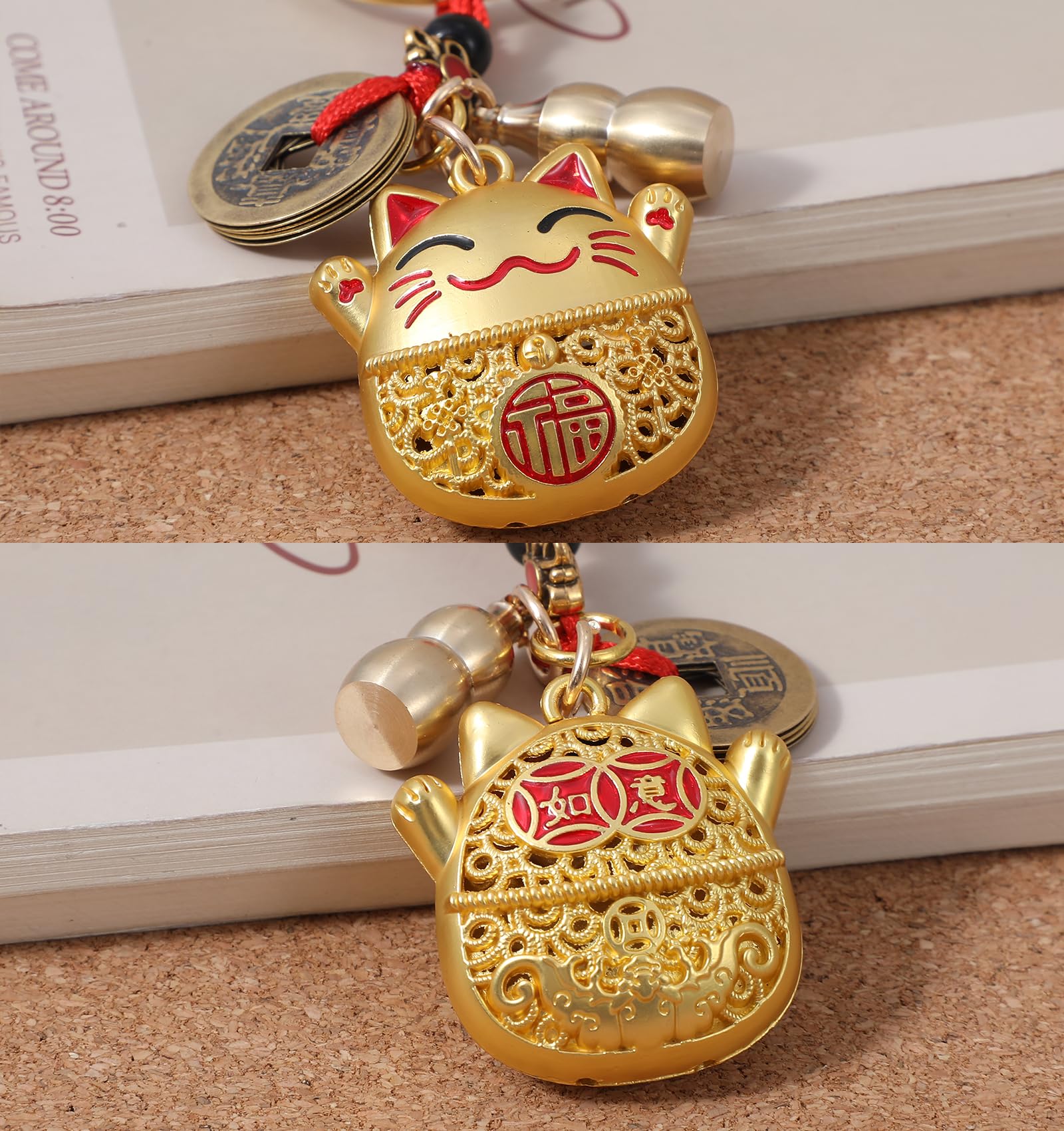 Maneki Neko Talizman na szczęście, japoński talizman z pięcioma monetami cesarskimi i dynią, 9,8 cm, figurka kota dla dobrobytu i ochrony