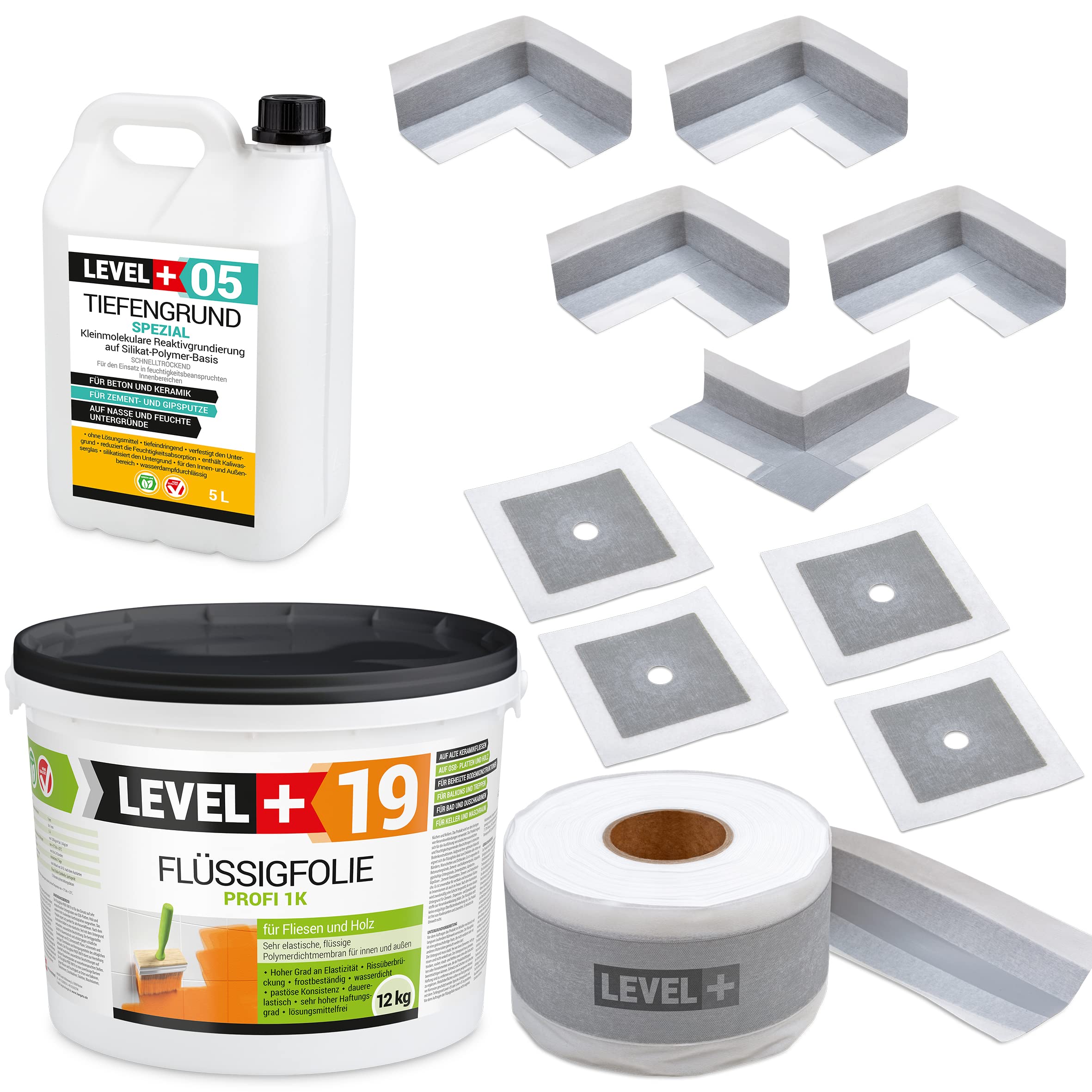Dichtset Flüssigfolie 12Kg, 4 Innenecken, 4 Wandmanschetten, 1 Außenecke, 15m Dichtband, Tiefengrund 5L Abdichtungsset Dusche Bad Küche SET520