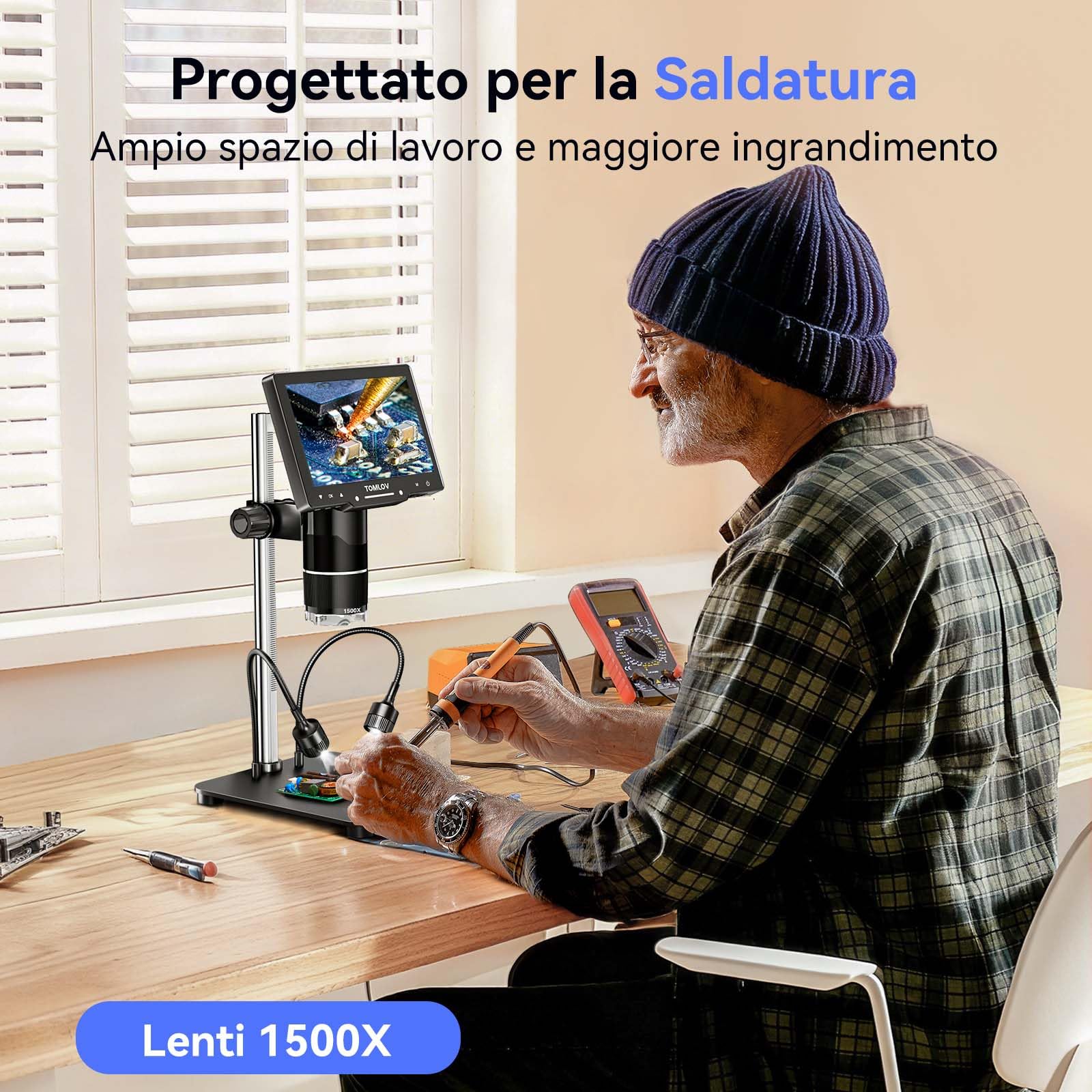 TOMLOV TriL107 Microscopio Digitale a 3 Lenti 7" 2K IPS, 2500X Ingrandimento per Monete e 14 LED, Microscopio di Saldatura con Supporto da 12,6" per Adulti, Compatibile con PC/TV, 64GB