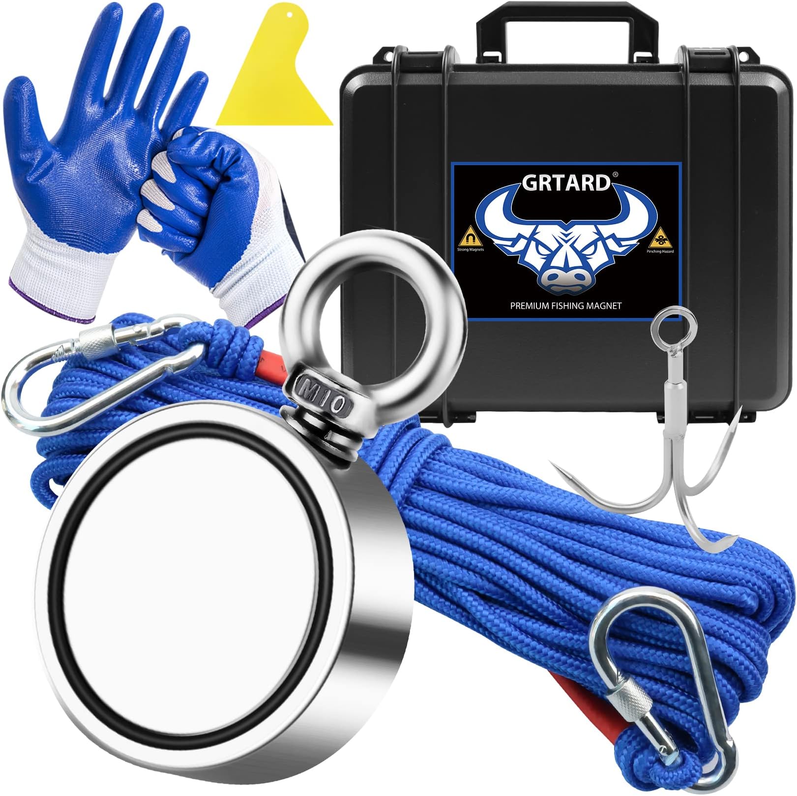 1000 LBS Fishing Magnet Kit, Double Sided Fishing Strong Neodymium Magnet - Includes Grappling Hook, 65FT Rope, Gloves, Locking Carabiner, Yellow Decontamination Scraper, Waterproof Case