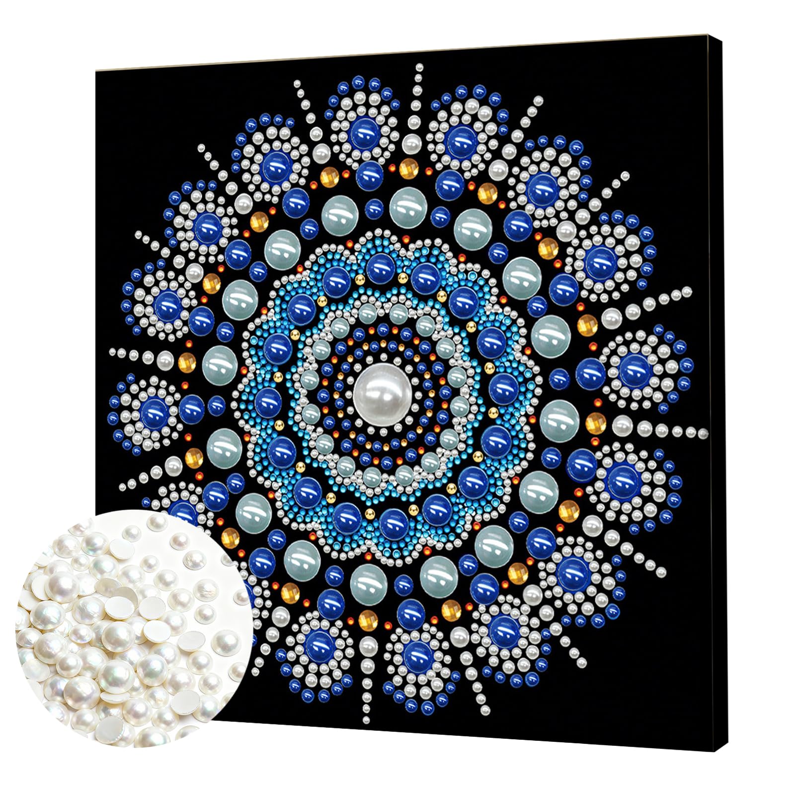 DIY Pearl Painting Kit with Wooden Frame, 3D Plastic Pearl Gemstone Ocean Art Craft for Adults Beginners, Diamond Art Kits for Adults,Home Wall Decor Ready Gift for Women(Blue Floral Mandala)(25*25cm)
