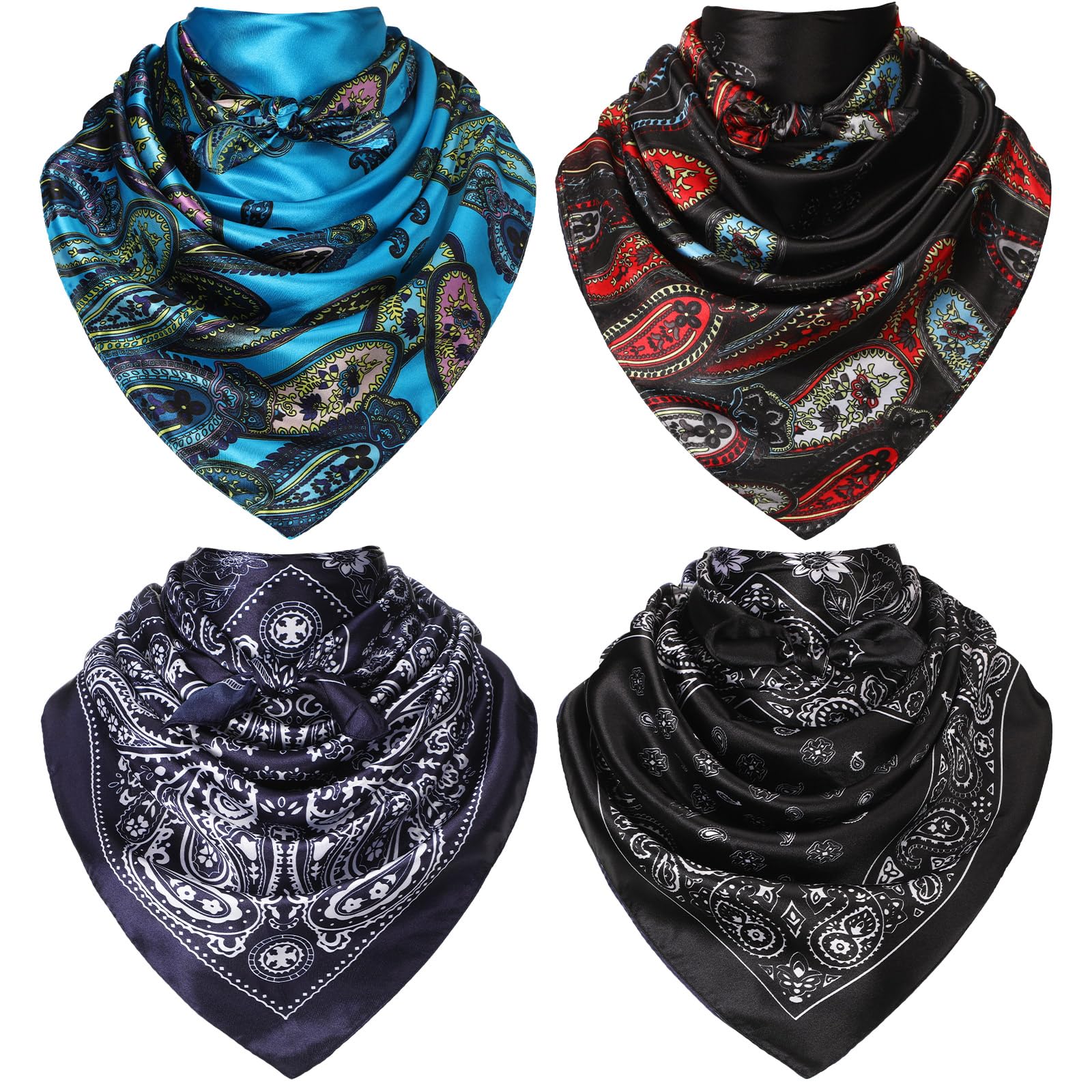 4 Pcs 35 Inch Cowboy Rag for Men Large Scarves Neckerchief Silk Feel Western Bandana Paisley Scarf for