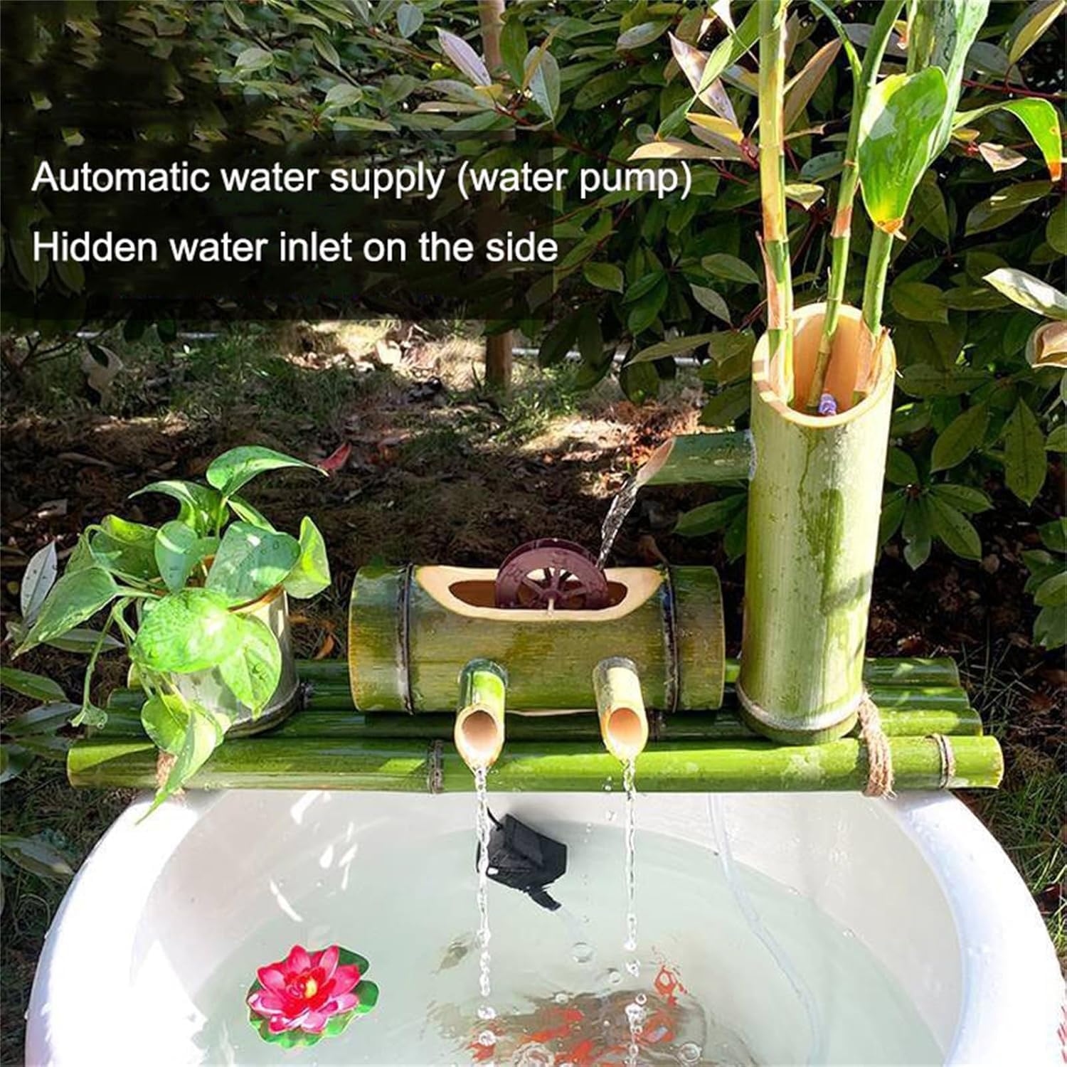 Fuente De Agua Solar De Bambú: Decoración De Jardín Zen Japonés con Bomba Y Panel Solar, Elemento Acuático Feng Shui para Exteriores, Patios Y Espacios Interiores. 50cm