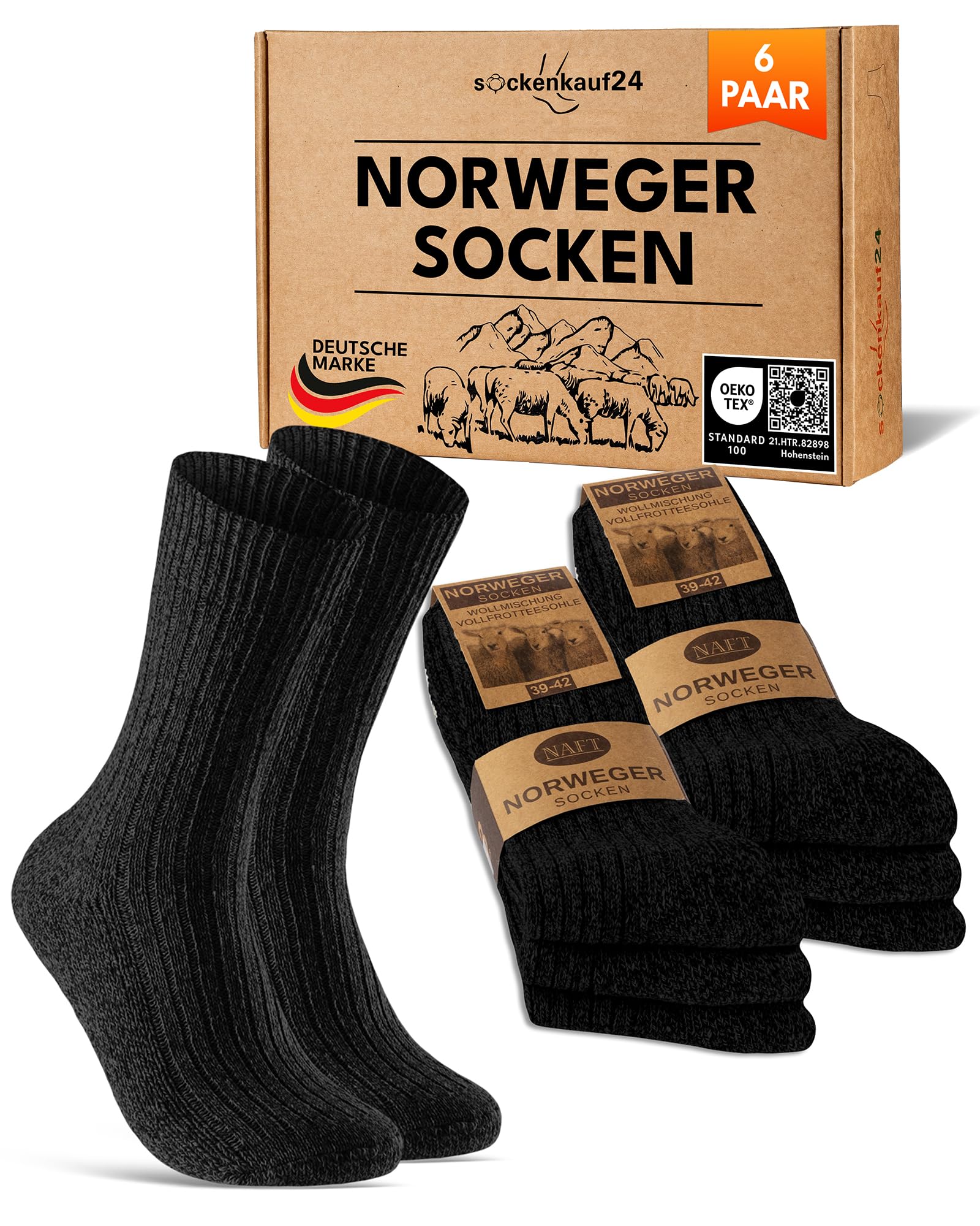 Sockenkauf24 Unisex Black 6 Pairs Norwegian Socks Men Women Winter Socks Warm Wool Socks, 43-46