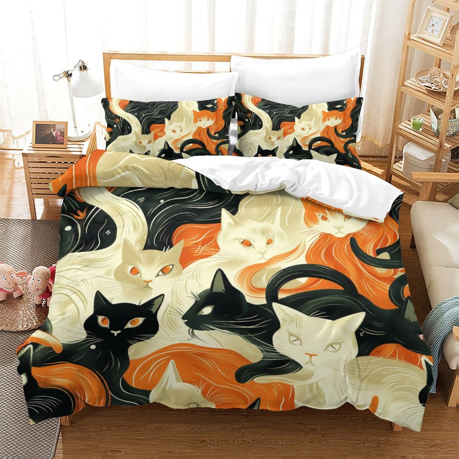 Housse de couette chat 3D 200x200 cm avec 2 taies d'oreiller en microfibre