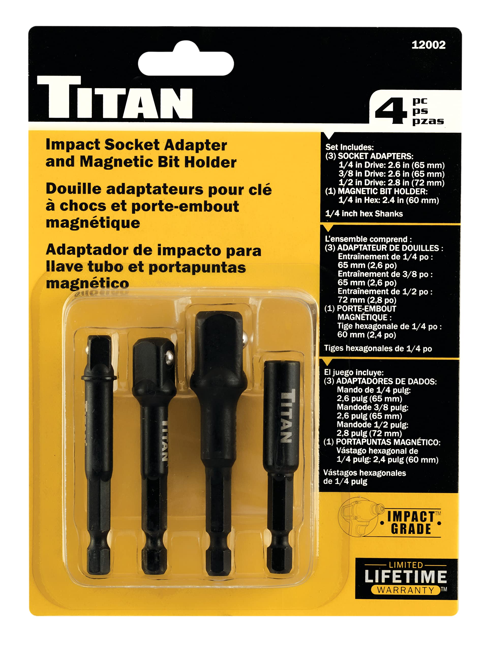 Titan - Adaptador de enchufe de impacto de 4 piezas y soporte magnético para brocas (12002)