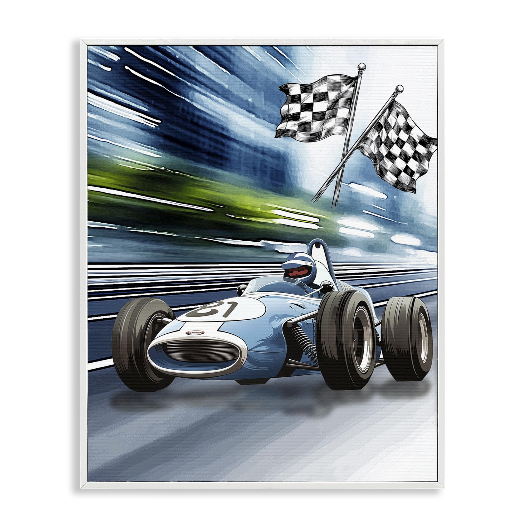 Stupell Industries 'Speedy Racecar with Flags', Framed Giclee Art, White, 24 x 30 Inches, Easy to Hang and Sturdy, Made in USA, by Christine Simpson Art