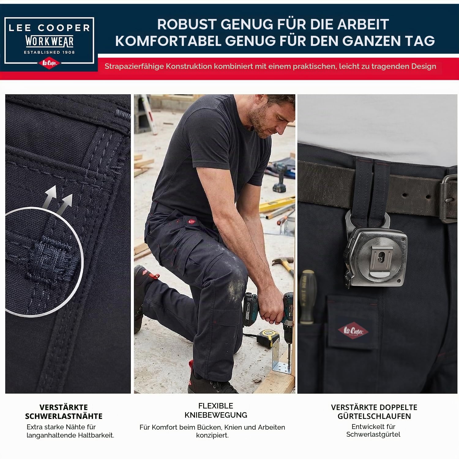 Lee Cooper Herren Cargo Arbeitshose mit Kniepolstertaschen 320 GSM – Workwear Hose Schwer Robust Multi Taschen, Sicherheits Arbeitshose Pflegeleicht für Bau Handwerk