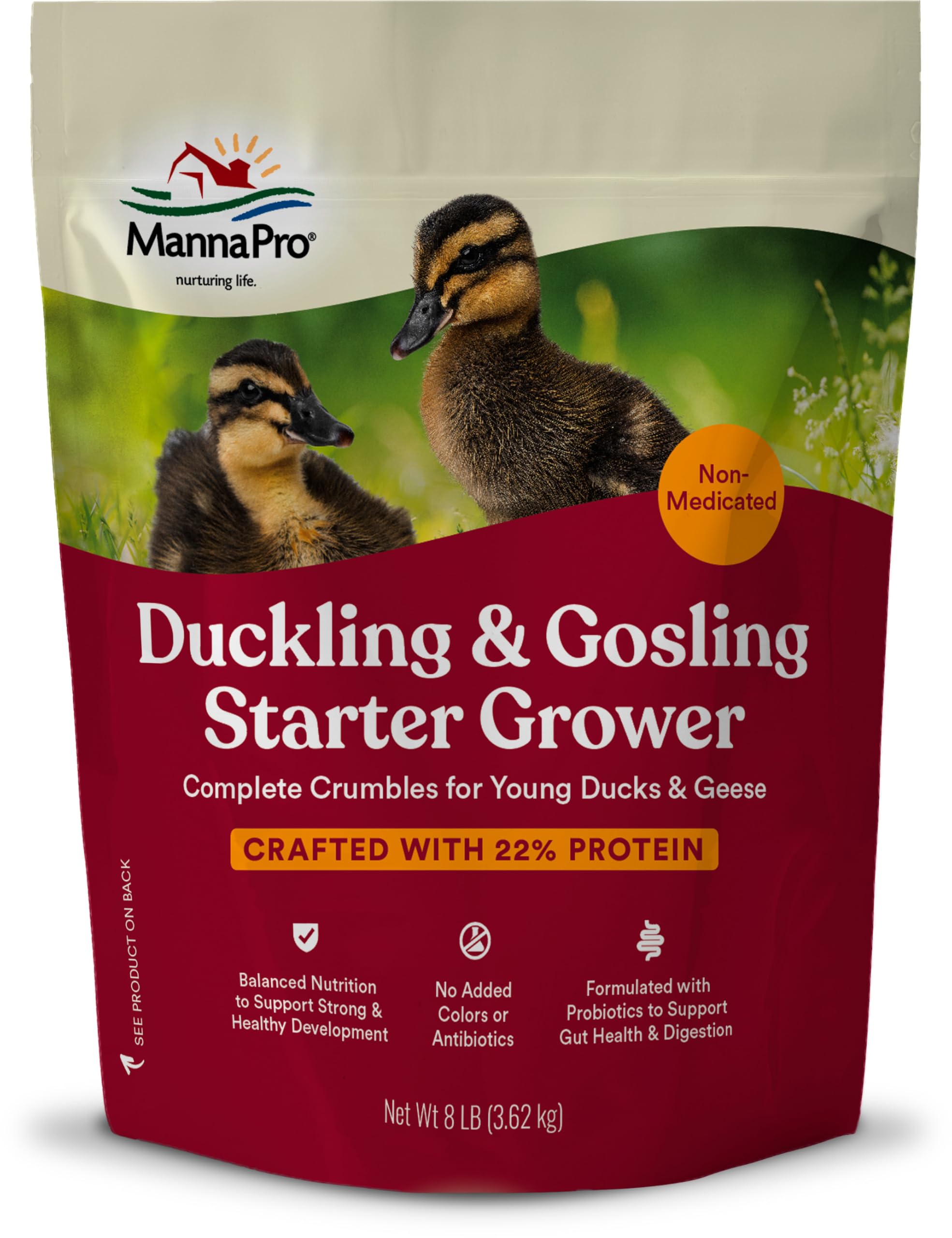 Manna Pro Duck Starter Grower Crumble with Probiotics, 8 lb Bag | Complete Duckling Feed, Added Probiotics, Supports Healthy Growth & Digestion, For Ducks & Young Geese