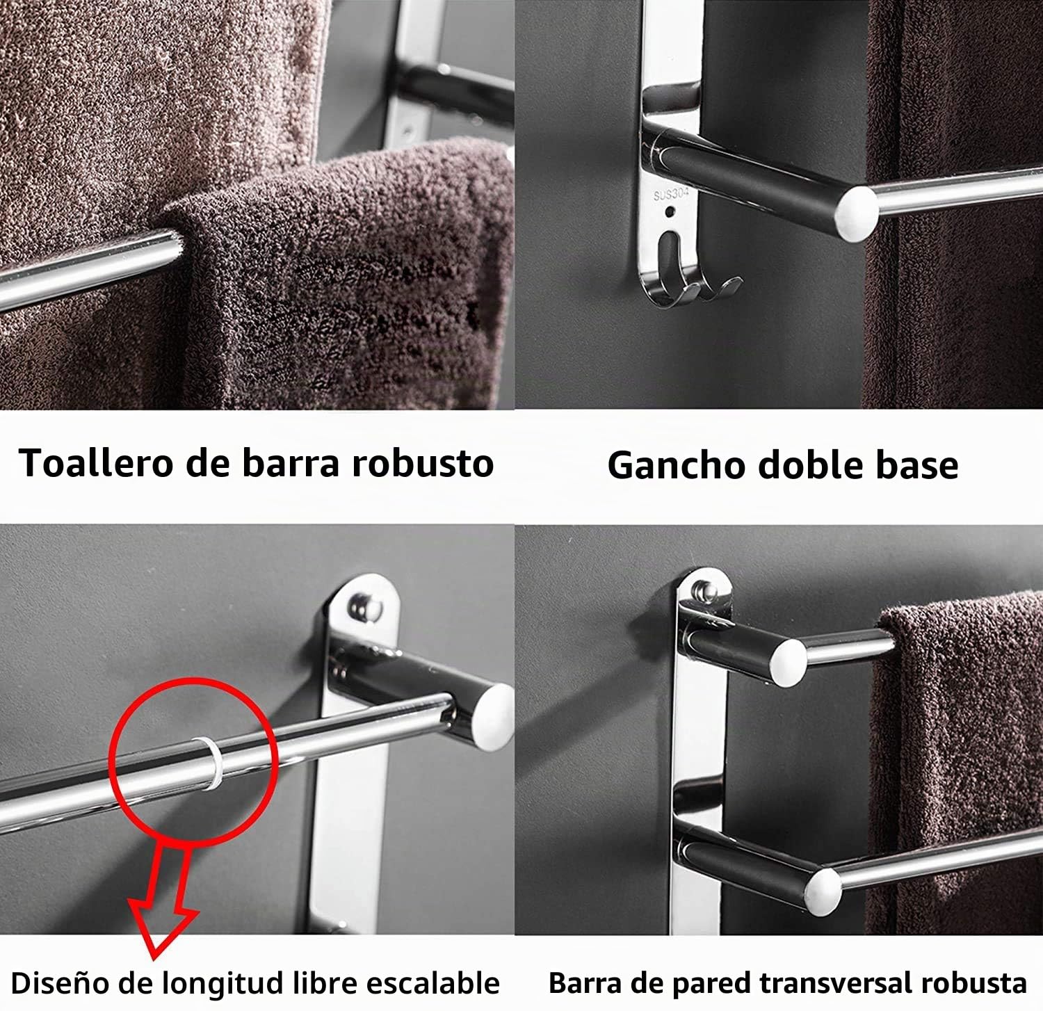 Toallero de Acero Inoxidable 304 Fuerte Adhesivo 3M para baño, Montaje en Pared, Montaje sin Agujeros, instalación en el Cuarto de baño, Cocina, Ahorro de Espacio [48-78 cm] (2 estantes)
