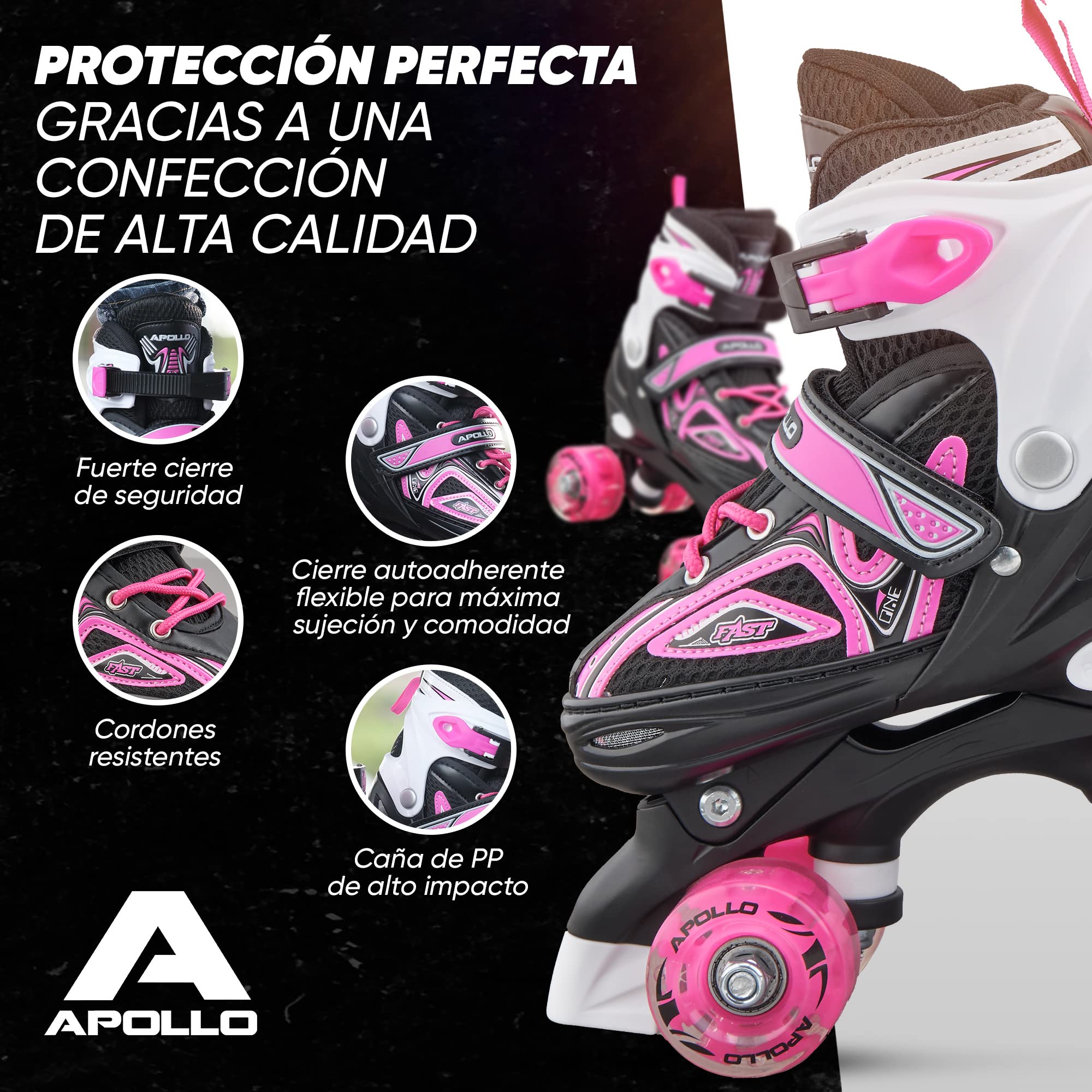Apollo Patines 4 Ruedas Super Quad X Pro – Patines Quad para Niños y Adolescentes - Patines de Ruedas LED – Cómodos Patines Niña o Niño, Ideales para Principiantes