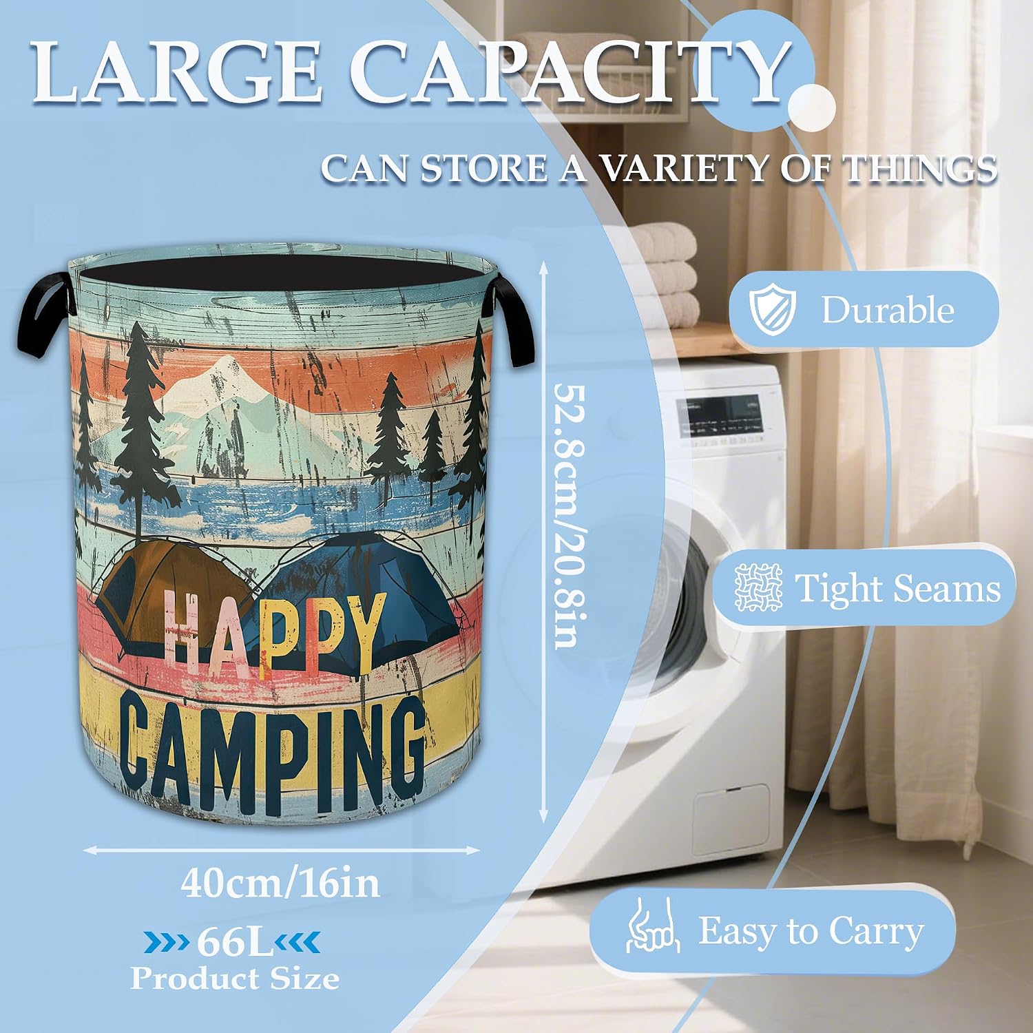 Happy Camping Laundry Basket Collapsible Laundry Hamper, Oxford Cloth Storage Bin for Room/Bathroom/Bedroom/Dormitories 16" X 20.8" image 2