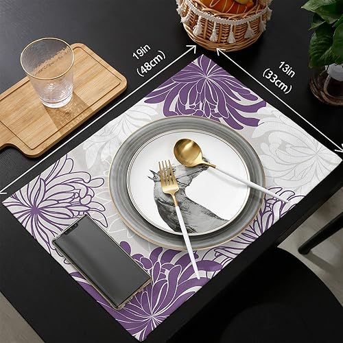 Miniatura 6 de Juego de 6 manteles individuales de lujo, diseño floral de crisantemo, color morado, gris y blanco, para mesa de comedor, impermeables,