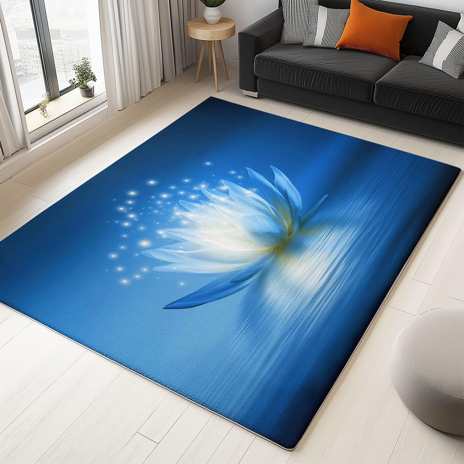 Dywaniki do salonu, 180 x 240 cm, rośliny, kwiatowy lotos, można prać w pralce, antypoślizgowy dywan, trwały, ze sztucznej wełny do sypialni, kuchni, biura, jadalni, wewnątrz, niskie runo, niebieski