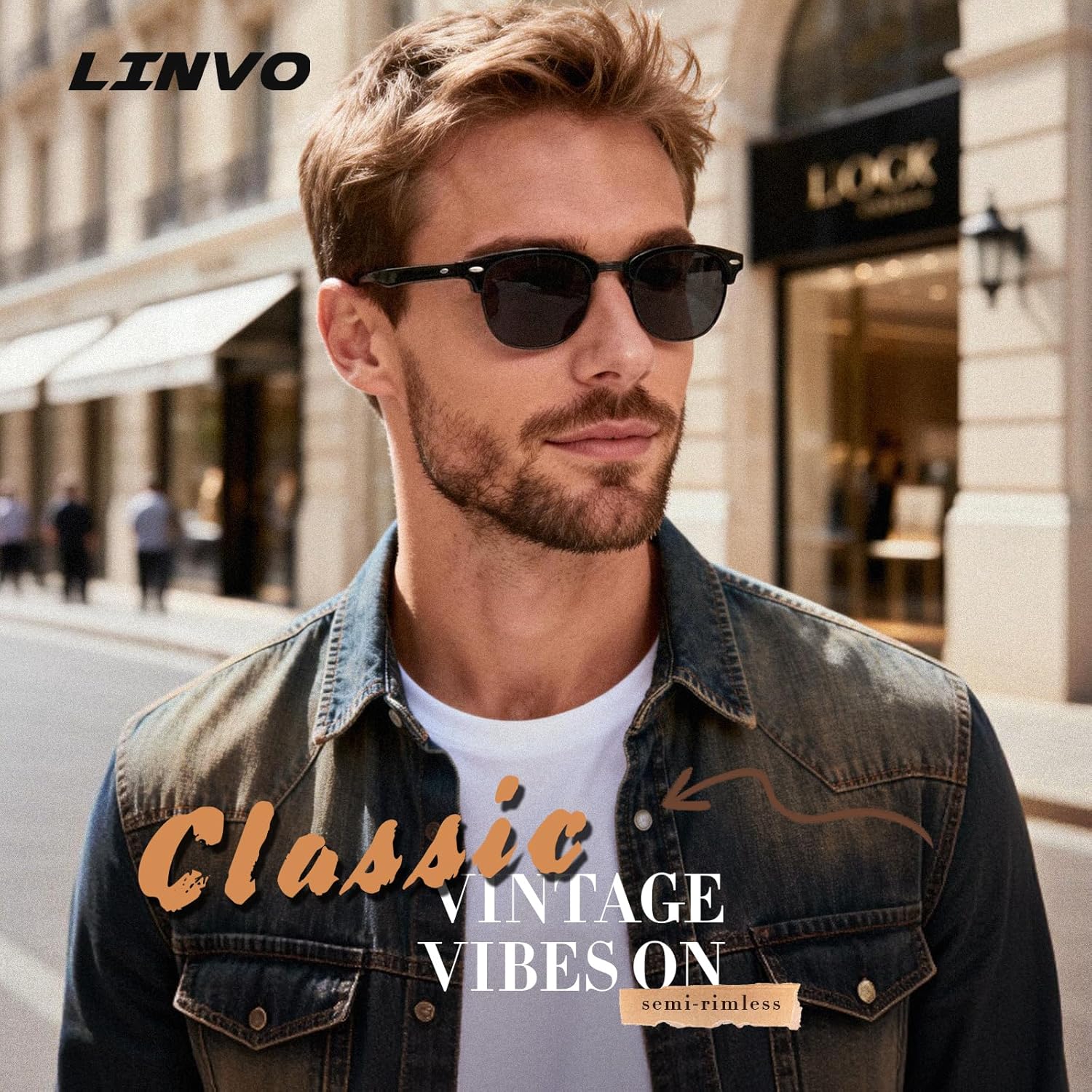 LINVO Polarized Semi Rimless Sunglasses for Men Women, Classic Retro Shades Half Frame Driving Sun Glasses UV Protection - Image 2