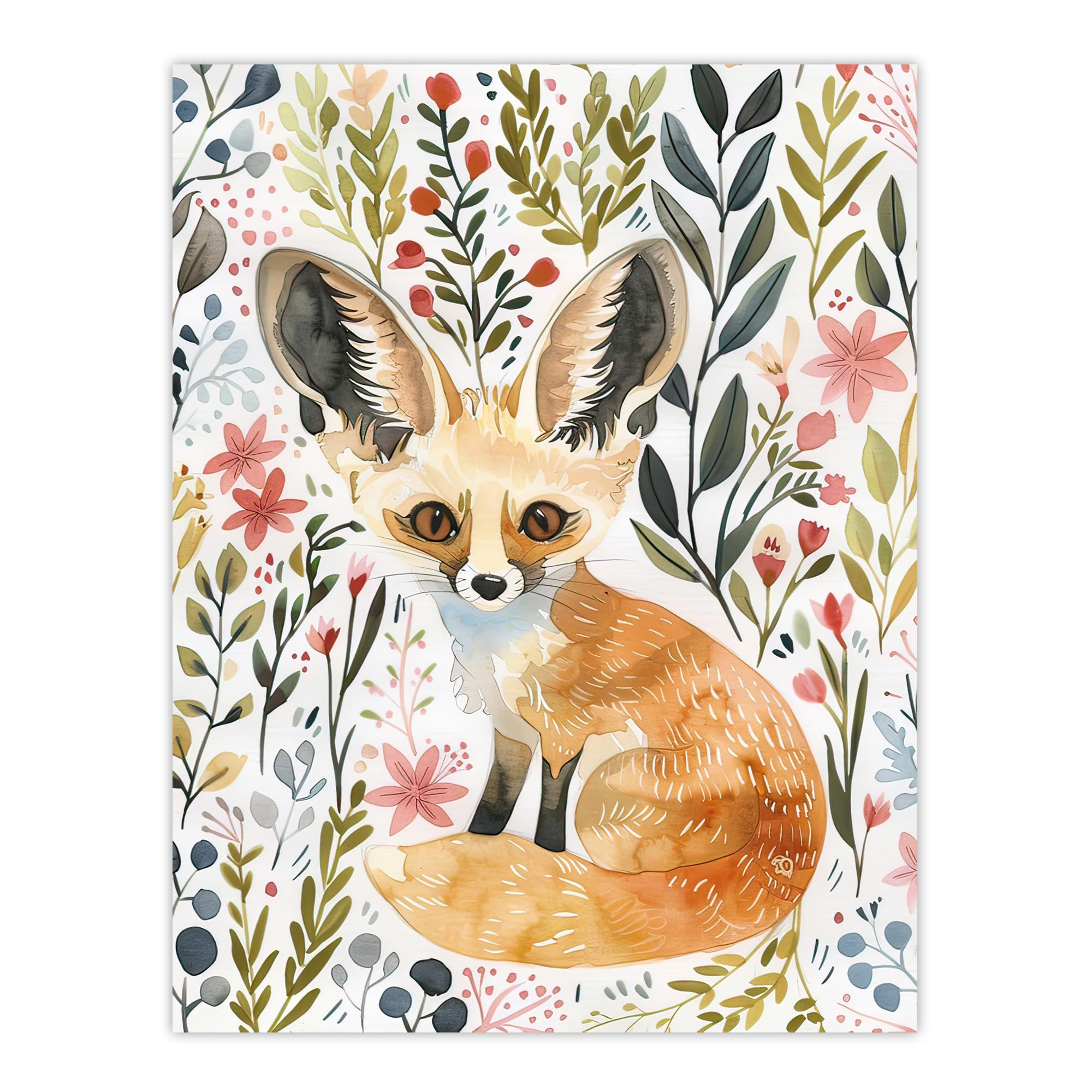 Fennec Fox Boho Floral Watercolour Portrait Wall Art Print - Artery8 - W24 inch x H32 inch