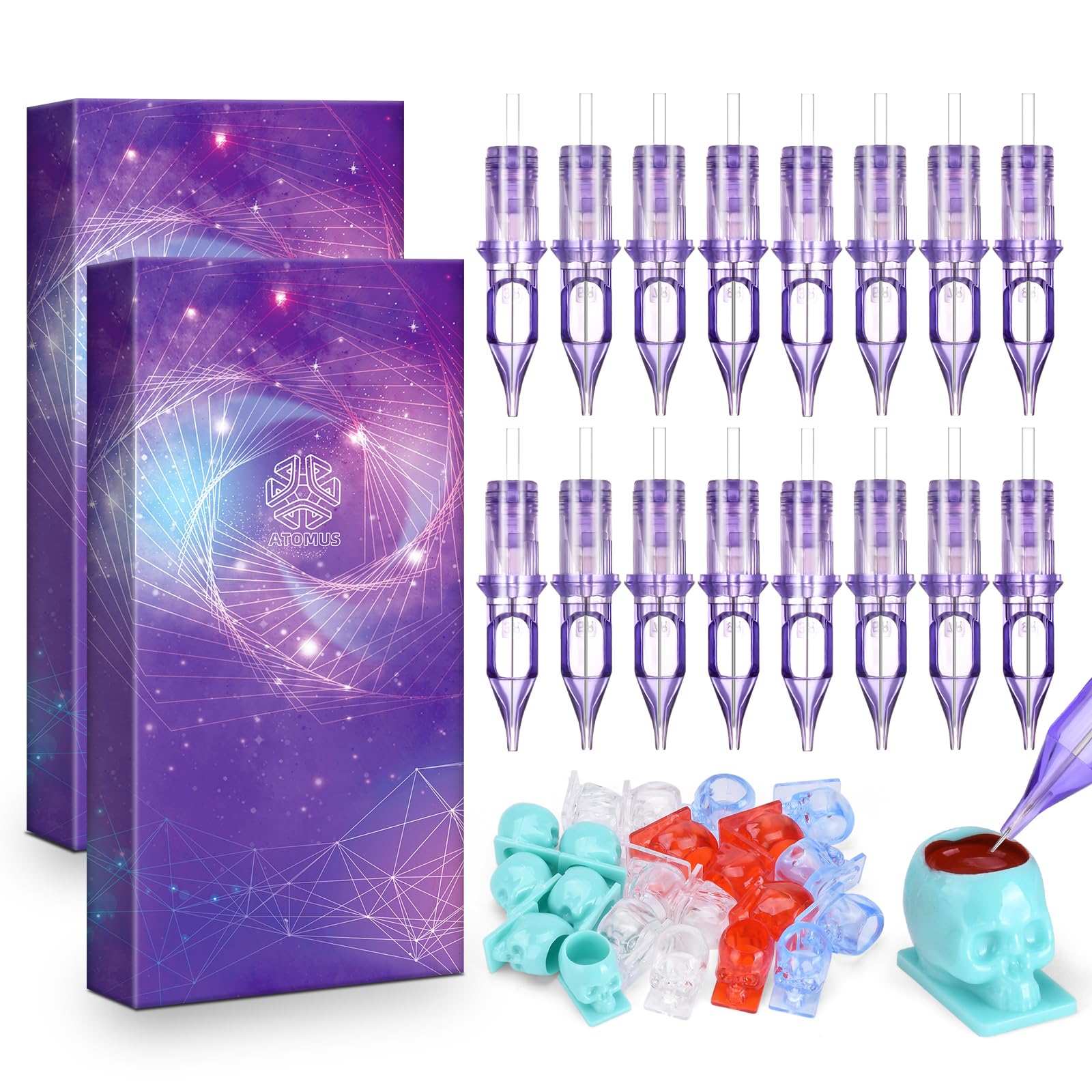 ATOMUS 40pcs Purple Tattoo Cartridge Needles 10pcs 1003RS 5RS 7RS 9RS Tattoo Needles for Tattoo Gun Pen Shader Pattern with 20pcs Disposable Skull Ink Cups for Pen Rotary Machine Tattoo Supplies