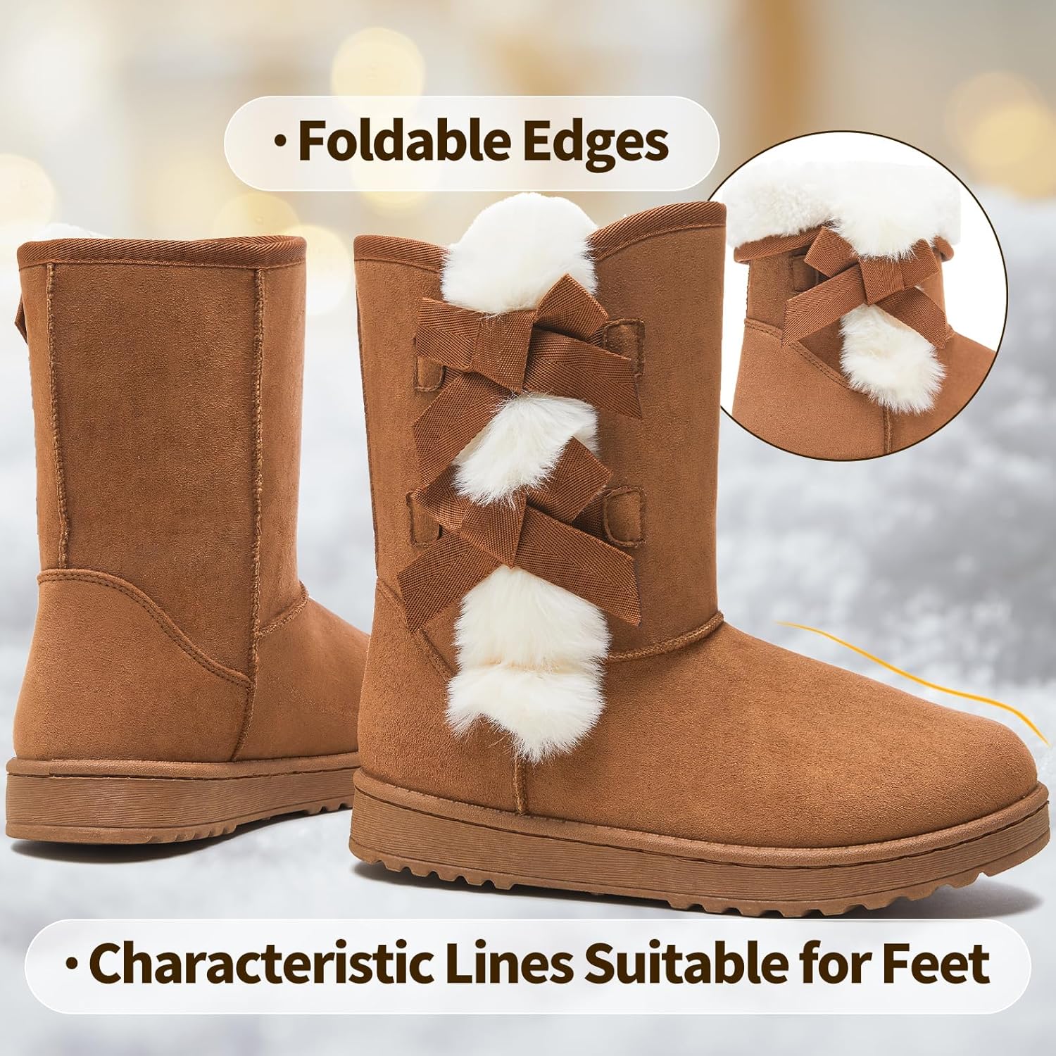 Eydram Women Winter Boots Fur Lined Fashion Mid Calf Boots for Women Warm Fuzzy Boots Comfortable Black Womens Snow Boots with Bowknot - Image 6