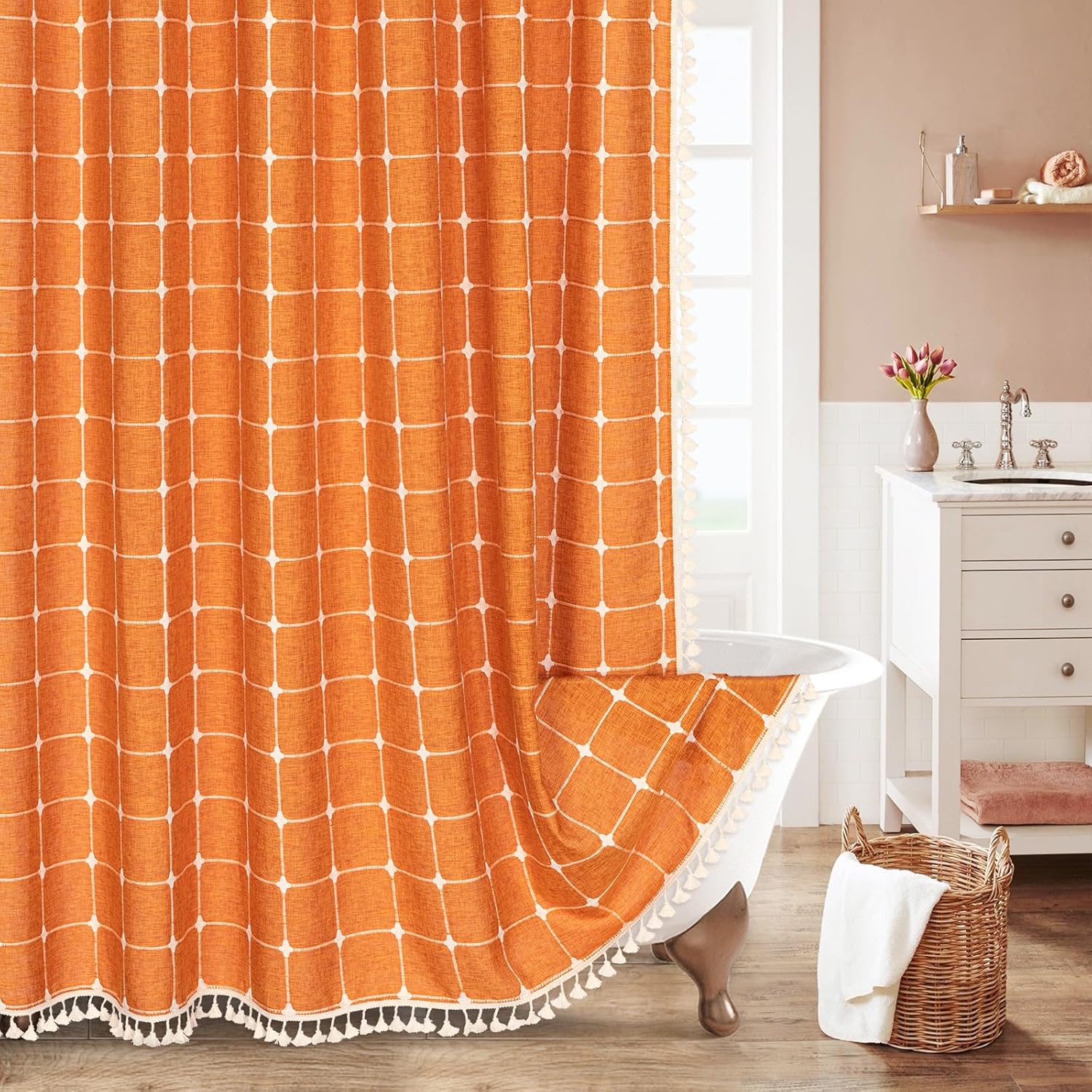 MitoVilla Orange Boho Shower Curtains for Modern Farmhouse Bathroom Decor, Fall Vintage Country Linen Cloth Shower Curtain with Cute Trendy Rustic Tassel, Terracotta/Burnt Orange, 72 x 72 Orange 72"W x 72"L (Pack of 1)
