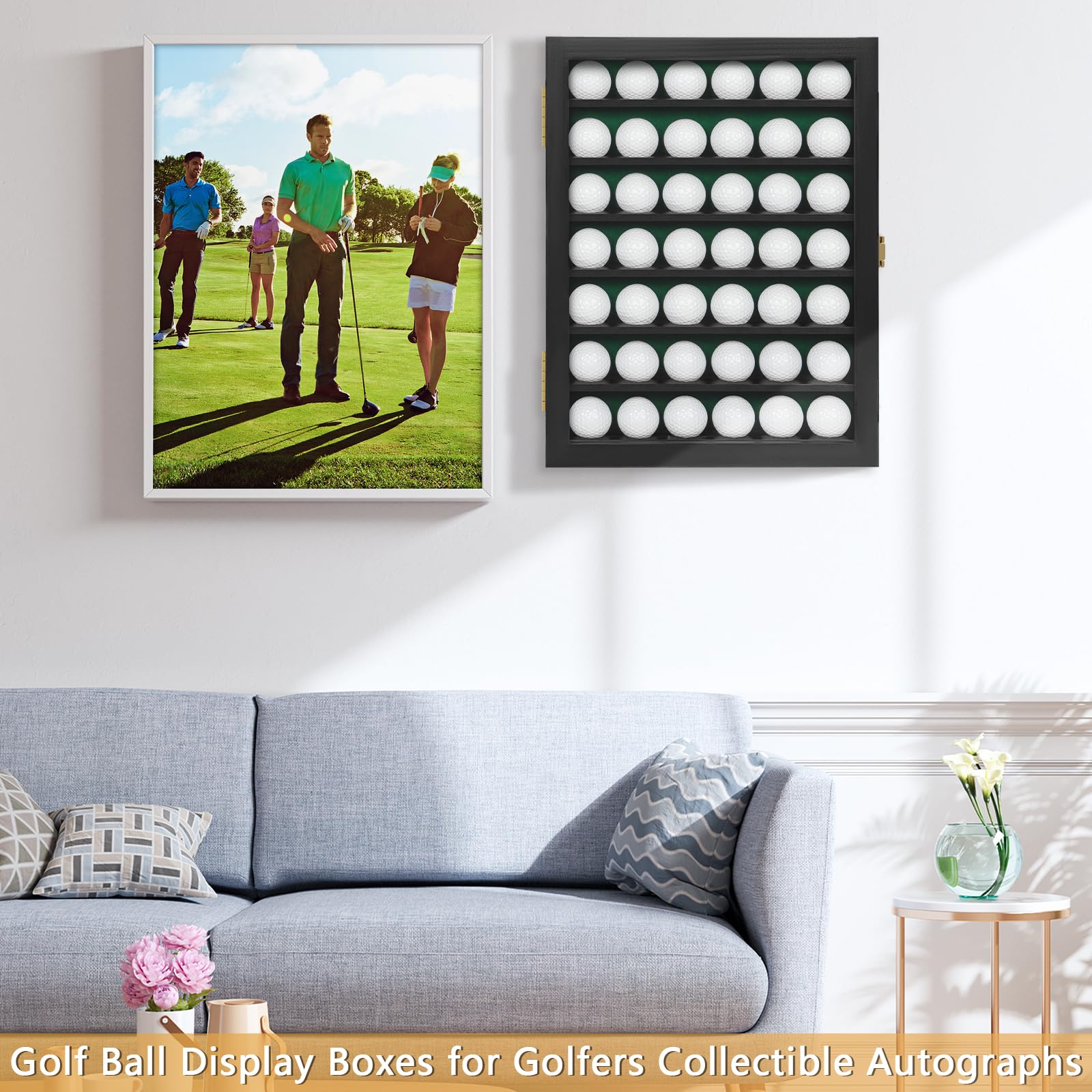 Vitrina para pelotas de golf, 42 soportes para pelotas de golf, regalo para entusiastas del golf, gabinete de exhibición para montaje en pared y soporte (negro, para 42 pelotas de golf)