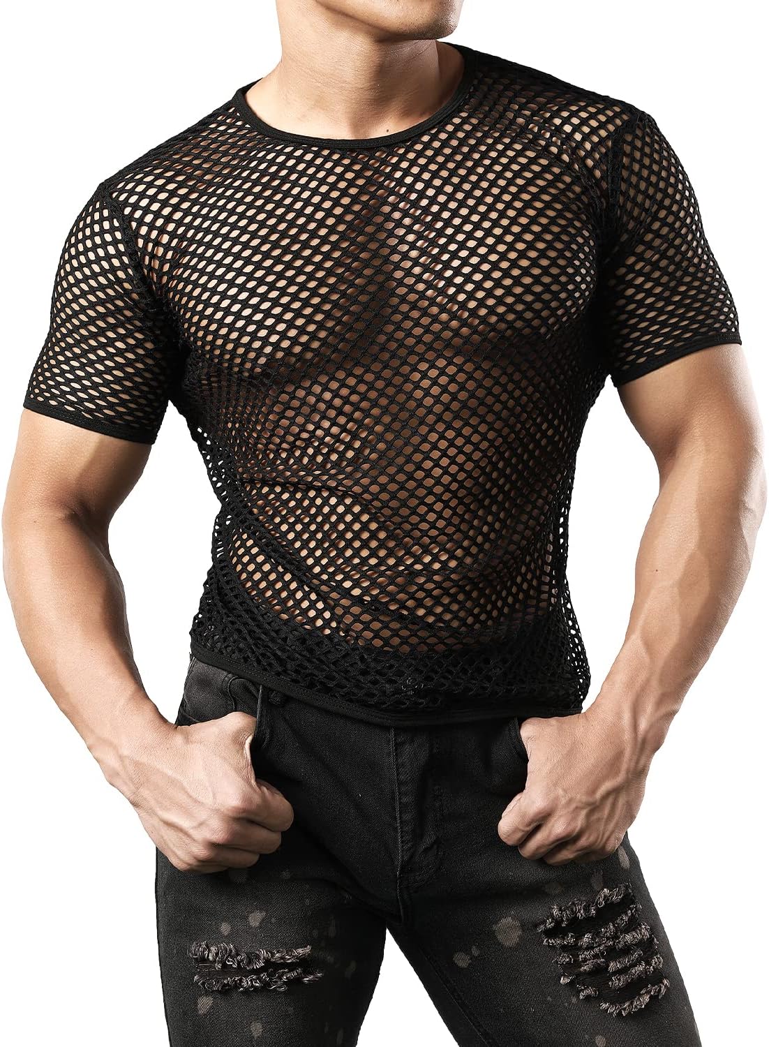 Men's Mesh Fishnet Fitted Muscle Top, Black, S
