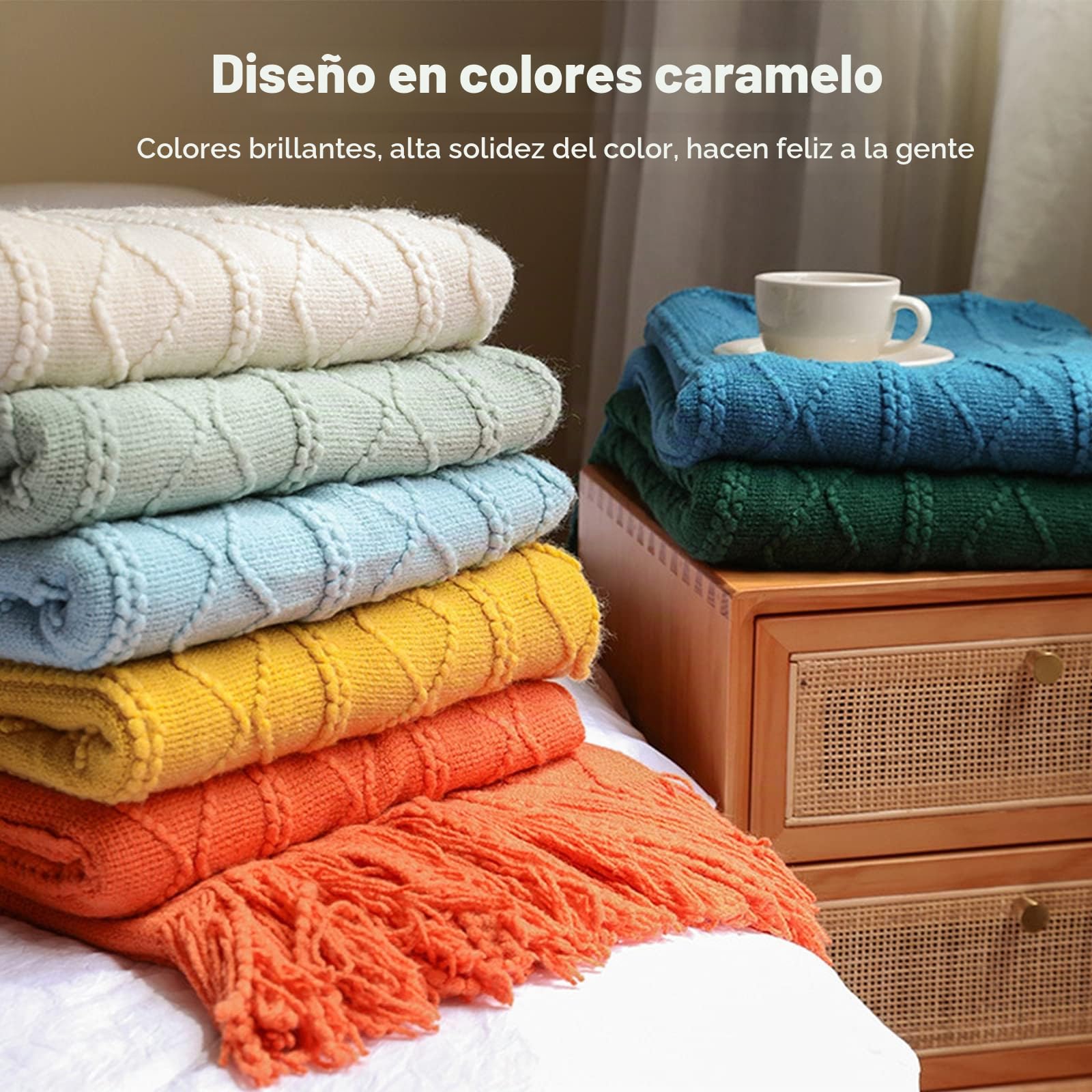 Galatée Disponible Todo el año para sofá Mantas Tejidas con Flecos desechados, Cama Adaptada de Espiga Supersuave, para Dormitorio, Acampada, Frijol, Verde, 150 x 200 cm