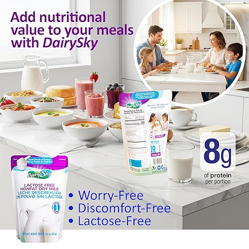 Miniatura 6 de DairySky Leche en polvo sin lactosa de 11 onzas  Leche en polvo sin grasa sin OMG para hornear y café, Kosher con proteína y calcio, gran sustituto