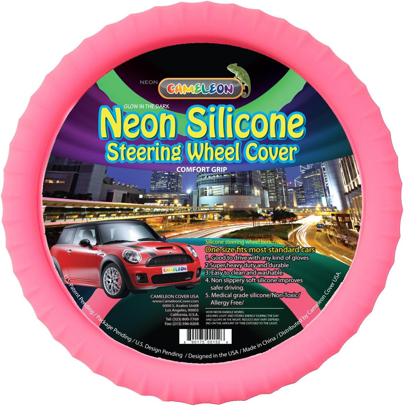 Cameleon Cover New Silicone Neon Glow in The Dark Steering Wheel Cover Odorless BPA Free Super Grippy and Made Second to None! Universal fit and Ergonomic Design (Neon Pink)