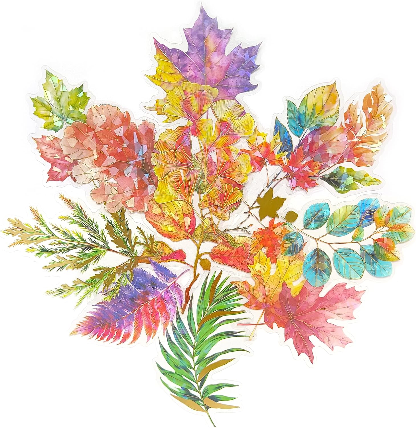 Ychsring Sparkly Plant Leaf Stickers - 30 Pcs Clear PET Glitter Botanical Fall Leaves Stickers for Scrapbook, Journal, Collage - Holographic Transparent for Resin, Craft & Scrapbook Supplies